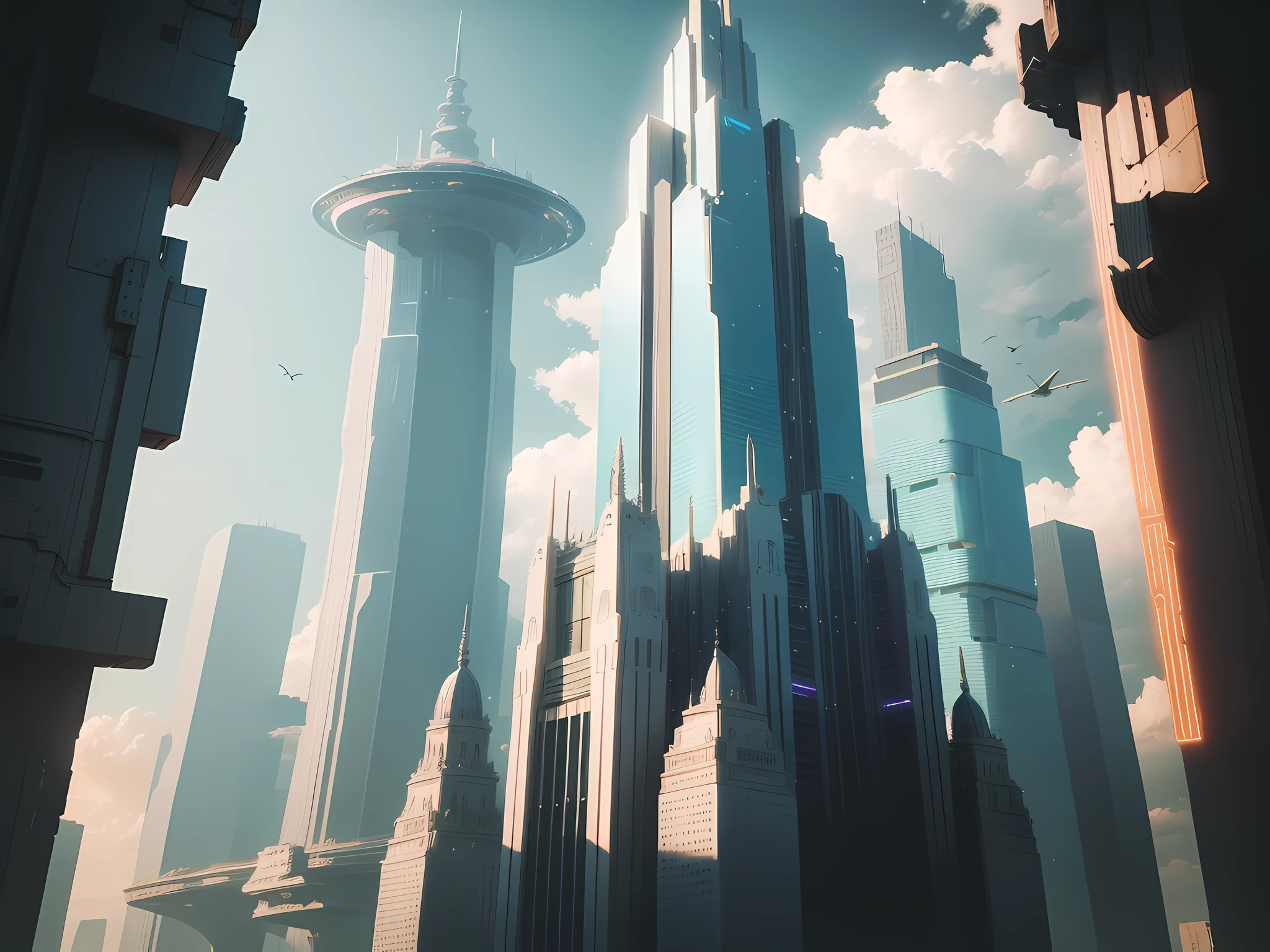 The city of the universe,Neon lights,Gorgeous night view,High-tech architecture,Huge spaceship,Flocks of birds fly