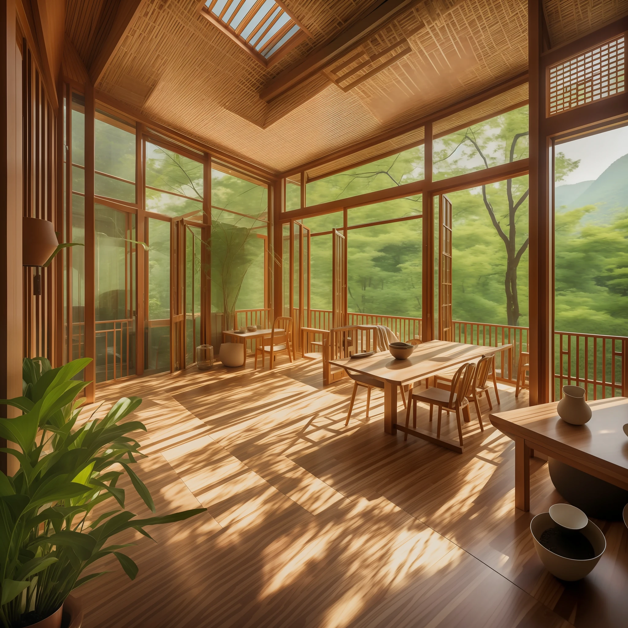 interior design、Insanely detailed wide-angle architectural photo、Cozy contemporary living room、(Bright and warm sunlight 1:0.1)、Award-winning contemporary interior design、landscapes、The table、a chair、in a house、Wooden flooring、window、resturant、east asian east asian architecture、sliding paper doors、abajour、architectural、the woods、naturey、cups、a plant、interior design、Insert lighting and shadows、depth of fields、low illuminance、