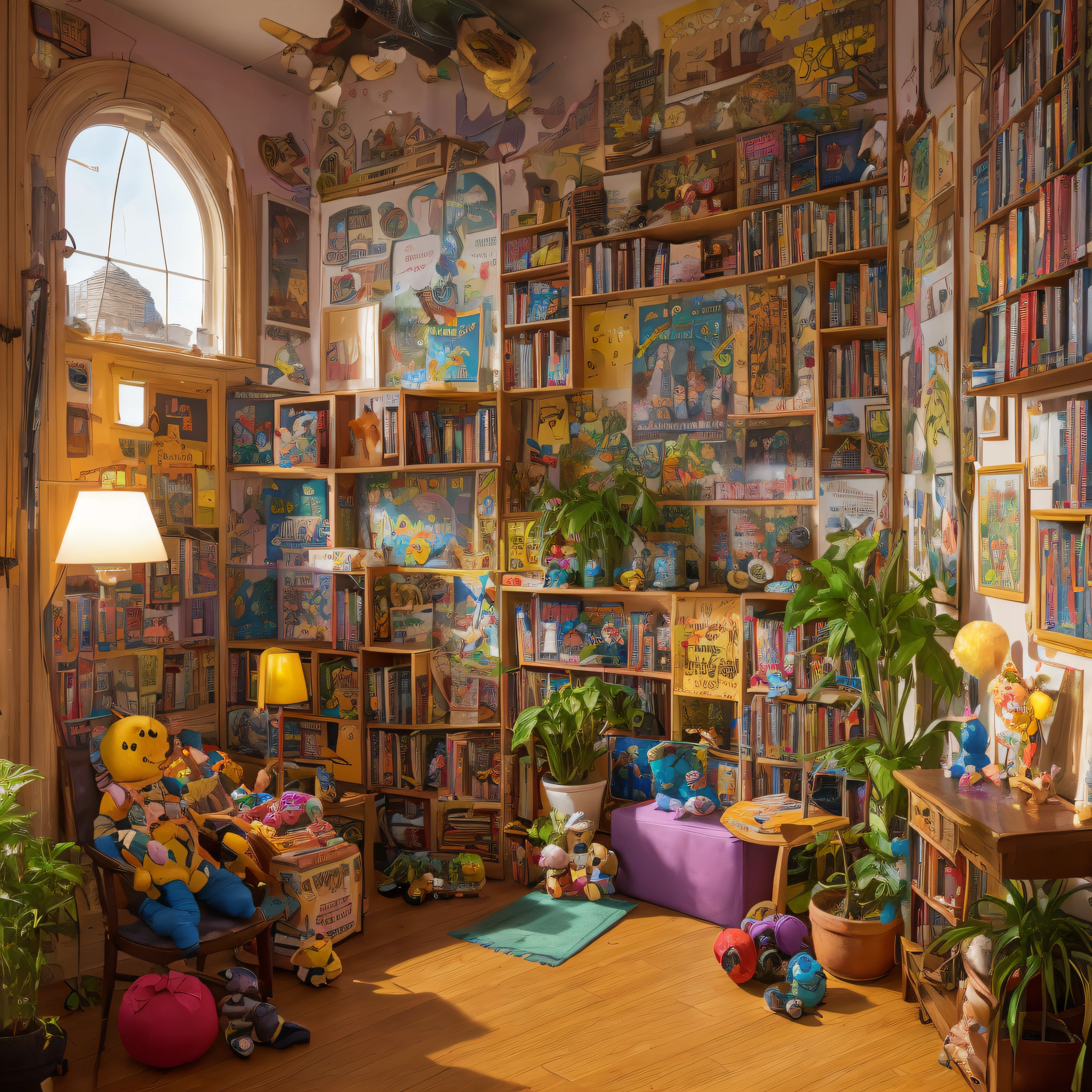 Architectural Digest photo of a {vaporwave/steampunk/solarpunk} ((Child room)) libraryai，There are a lot of toys for children，with flowers and plants，golden rays，Surrealism Surrealism，Incredible detail in the award-winning masterpiece，Breathtakingly epic poetry