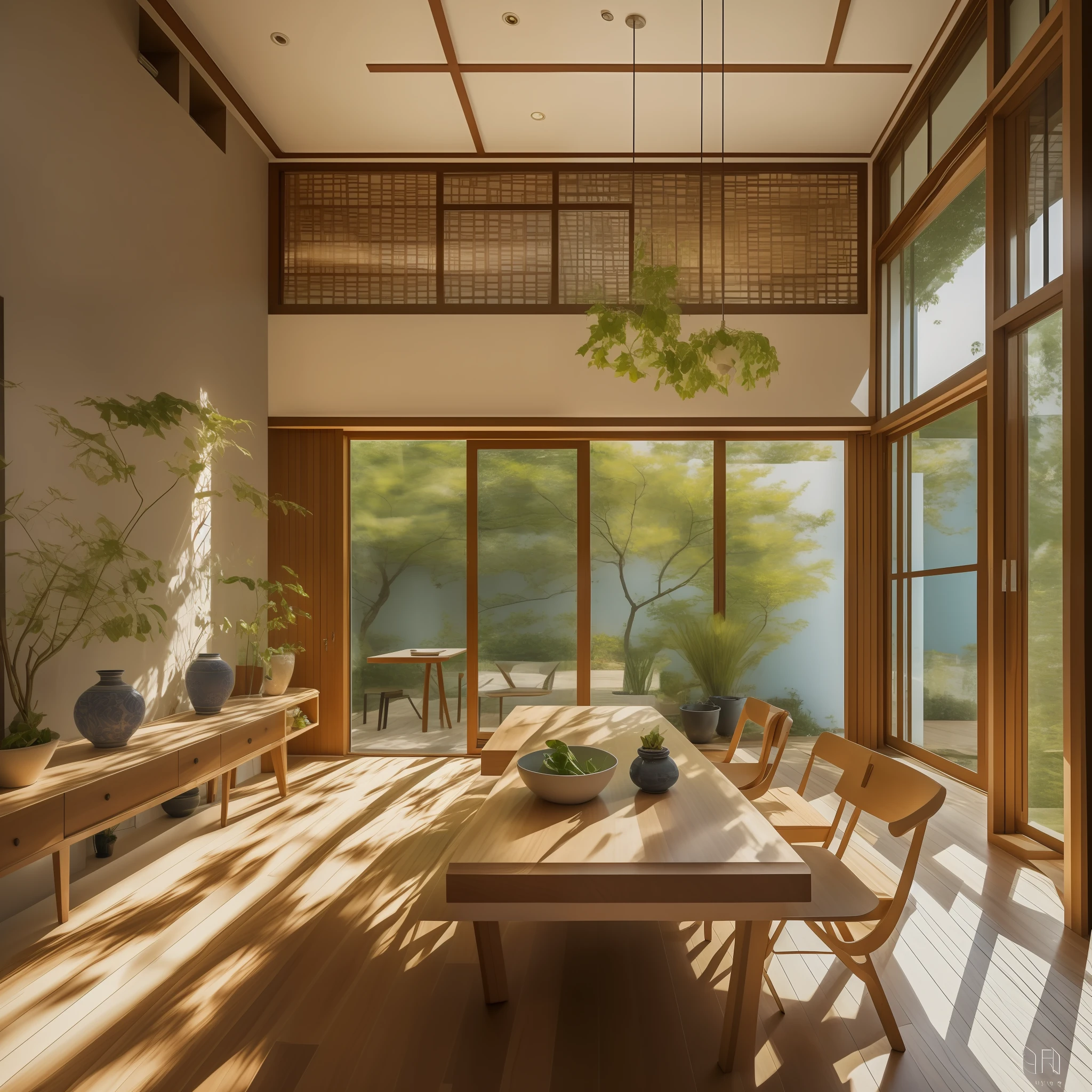 interior design、Insanely detailed wide-angle architectural photo、Cozy contemporary living room、(Bright and warm sunlight 1:0.1)、Award-winning contemporary interior design、landscapes、The table、a chair、in a house、Wooden flooring、window、resturant、east asian east asian architecture、sliding paper doors、abajour、architectural、the woods、naturey、cups、a plant、interior design、Insert lighting and shadows、depth of fields、low illuminance、
