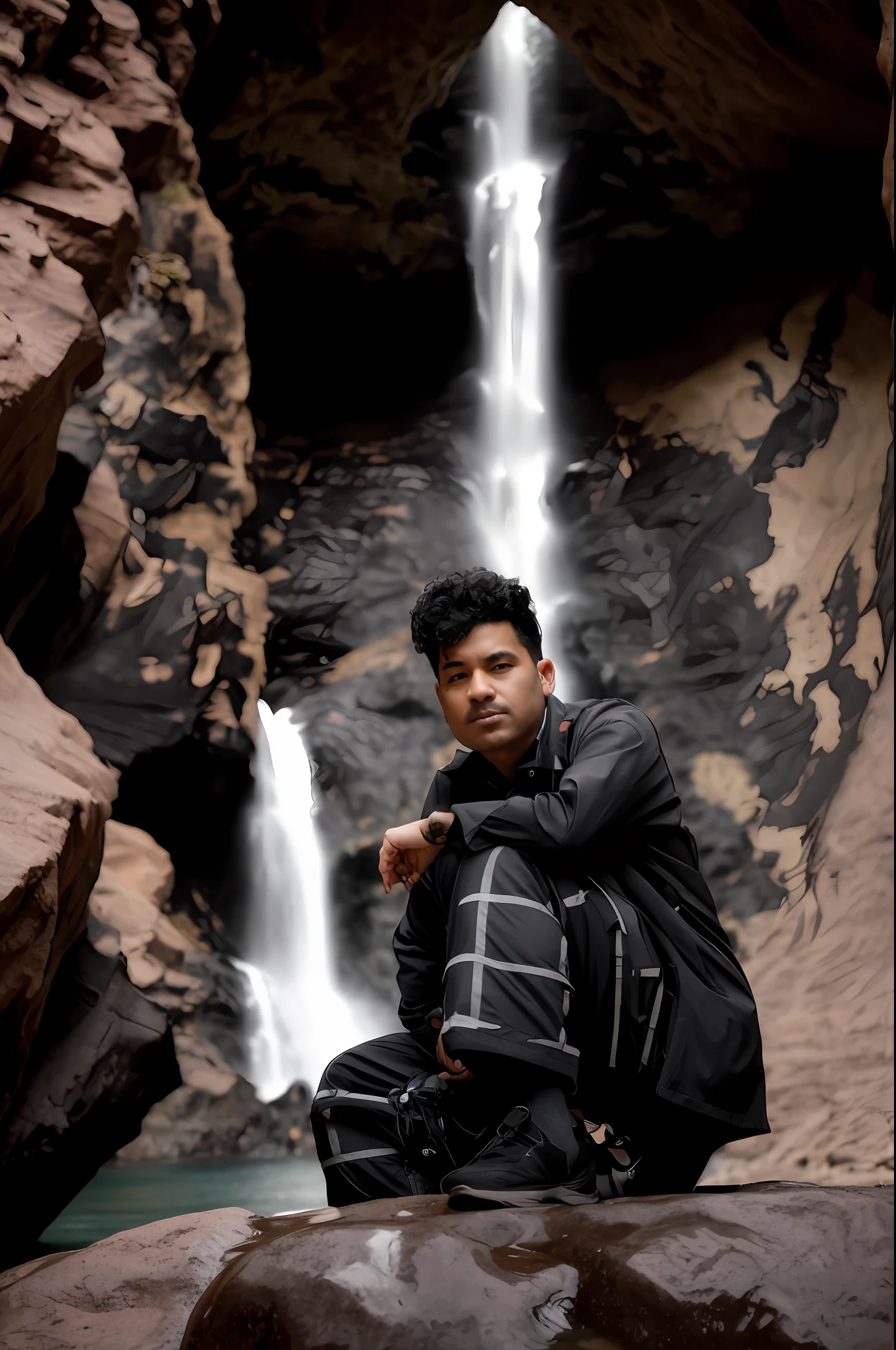 arafed man sitting on a rock in front of a waterfall, next to a waterfall, standing near a waterfall, portrait shot 8 k, solitude under a waterfall, in a cave with the waterfall, shot on sony a 7, shot on nikon z9, shot on canon eos r5, shot on canon eos r 5, high quality portrait, cinematic portrait