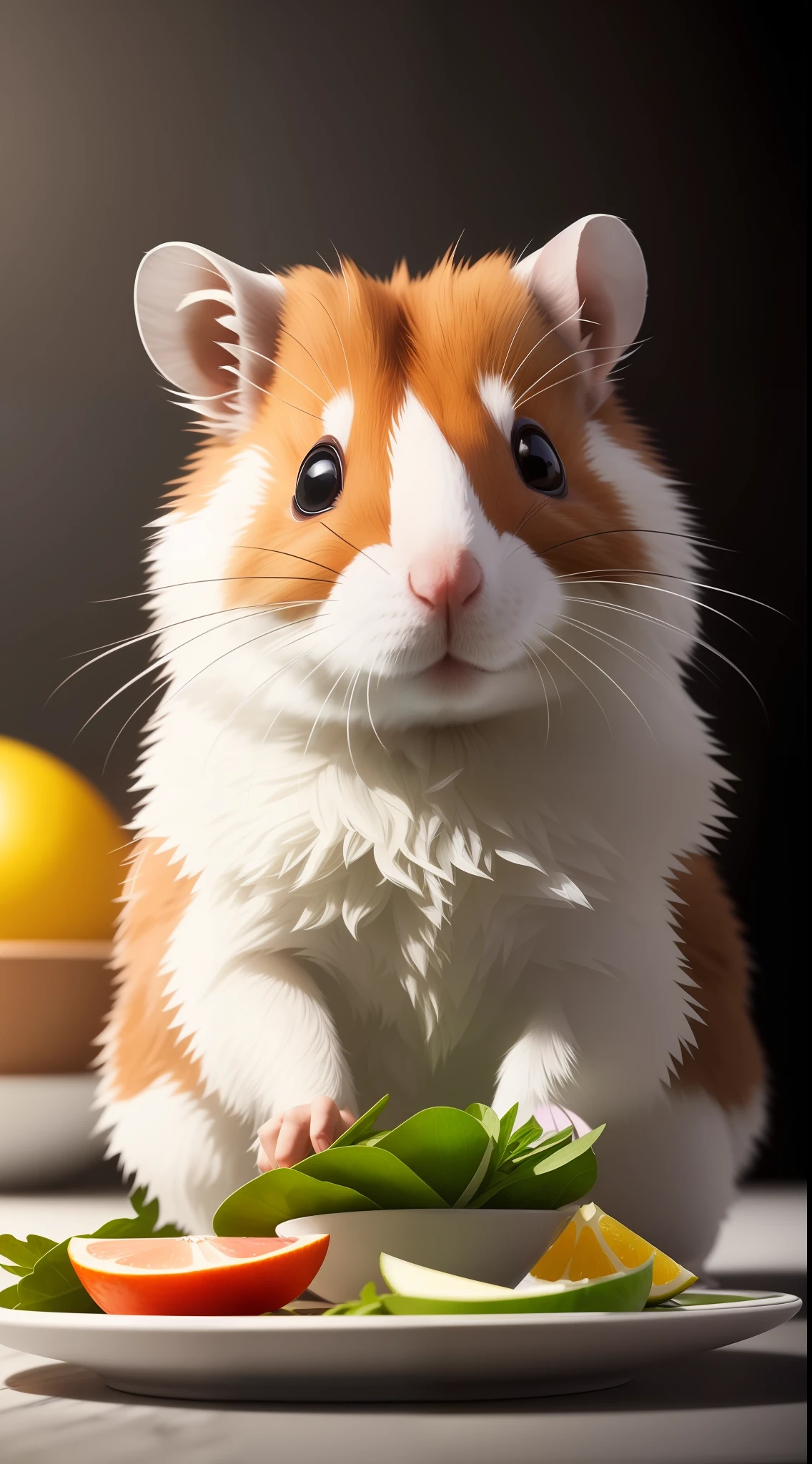 ultra realistic photography, Perfectly centered middle top shot, Cute anthropomorphic hamster preparing salad, Kitchen-studio in the background, looking a viewer, extremely detailed eyes, detailed symmetrical realistic face, extremely detailed natural texture, Masterpiece, award-winning photo, Depth of field, Extremely detailed, Amazing, finely detail, saturated colors, hyper-realistic realistic texture, dramatic lighting, UnrealEngine, Trending on ArtStation, photorealestic, RAW photo, hiquality, hight resolution, sharp-focus, Extremely detailed, Cinematic lighting, 16K UHD, high definition, Cinematic, neoprene, behance contest winner, Featured on Unsplash, cgsociety,