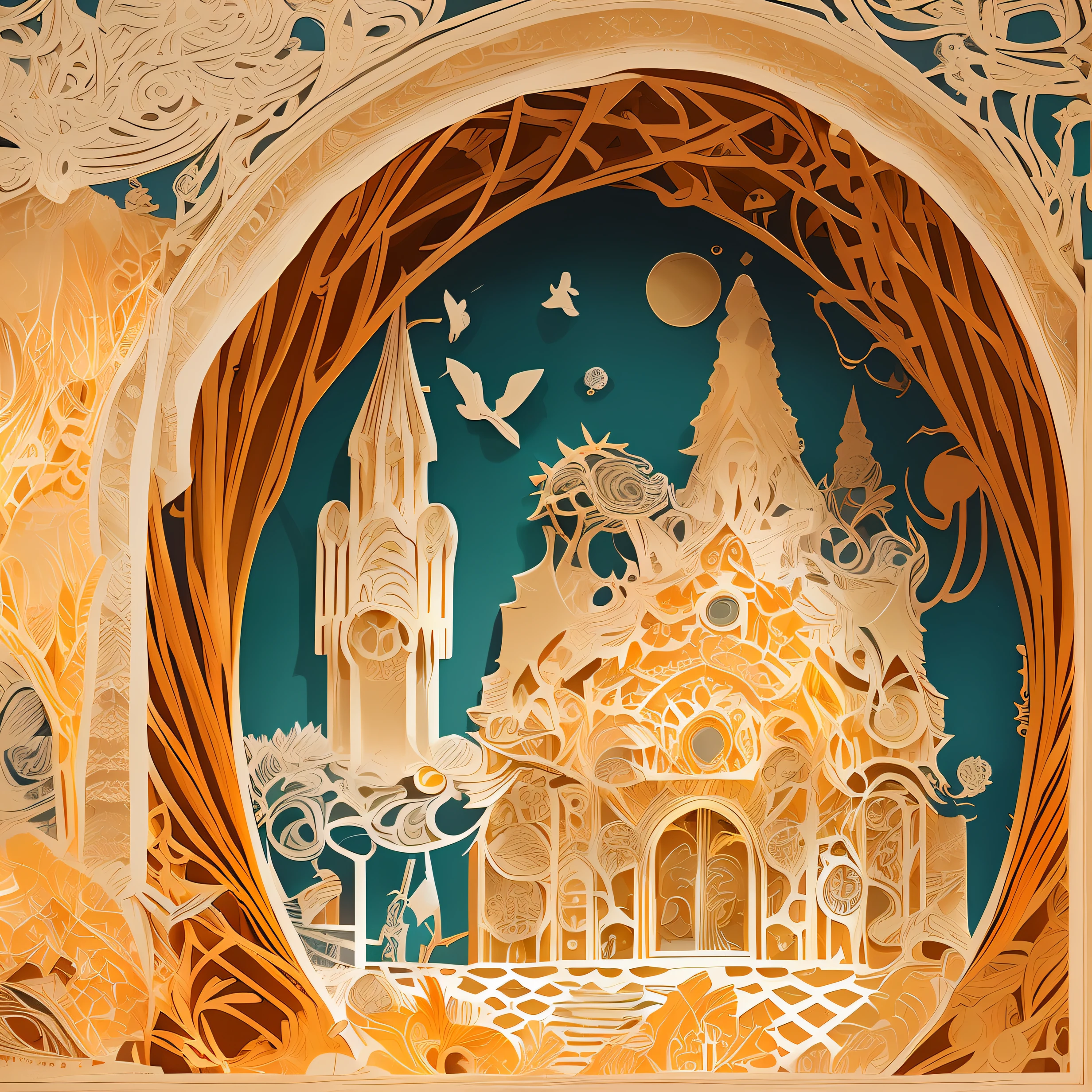 mdjrny-pprct,(((tmasterpiece))),best qualtiy,illustratio,Beautiful detail glow, Paper_cut,stately,European popularity,(European-style architecture)(high detal:1.2)
