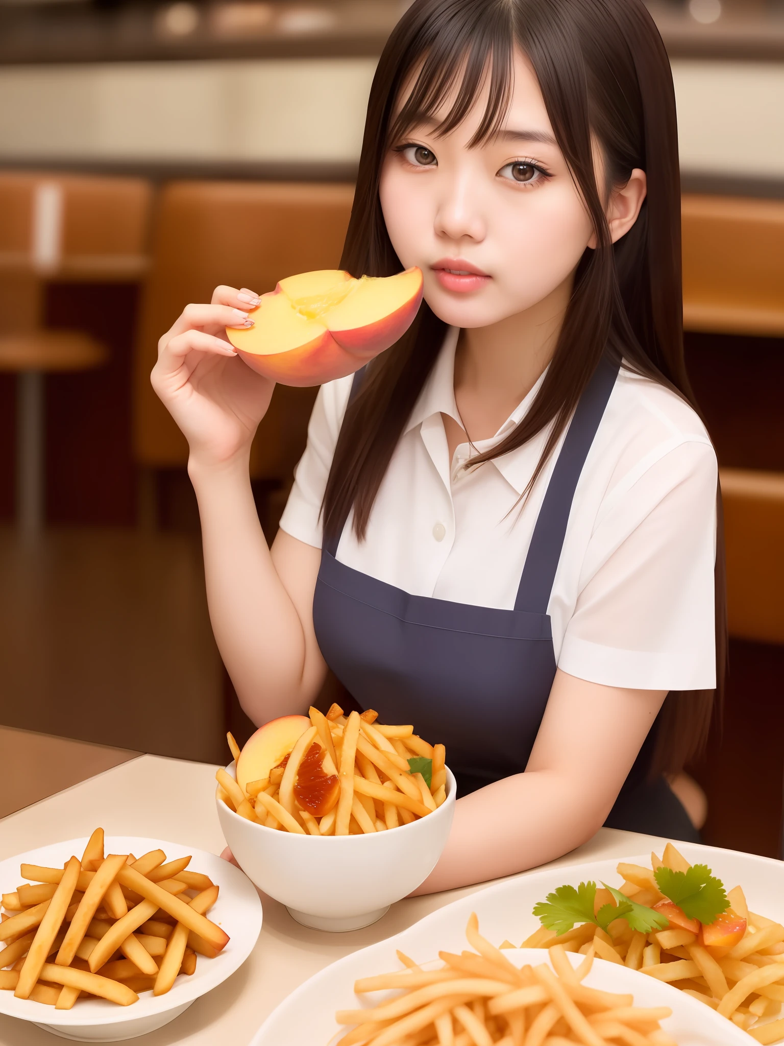 arafed asian woman sitting at a table with a bowl of food, a human-like juicy peach, chinese girl, korean girl, of a youthful japanese girl, korean woman, super realistic food picture, young asian girl, she is eating a peach, ( waitress ) girl, peach and goma style, chinese woman, mukbang, serving fries, chiho