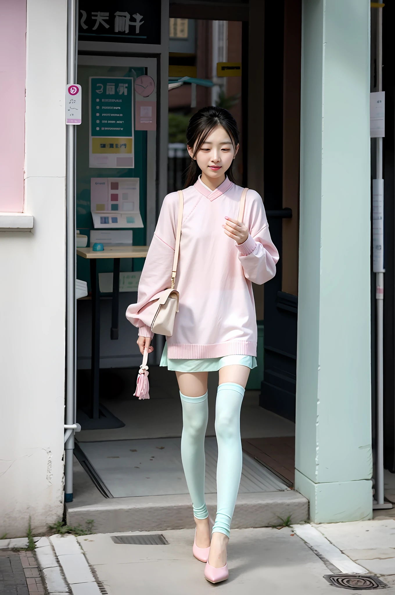 Chinese woman with pastel colors, Only pastel colors, in pastel shades, lots of pastel colour, feminine in pastel shades, Pastel colors, feminine in cute pastel shades, Pastel tones, intricate outfits, Very nice pastel colors, in pastel shades, Pastel style, pastelcolor, Pastel color, Tights; On the street, in pastel shades，Flat pointed toe