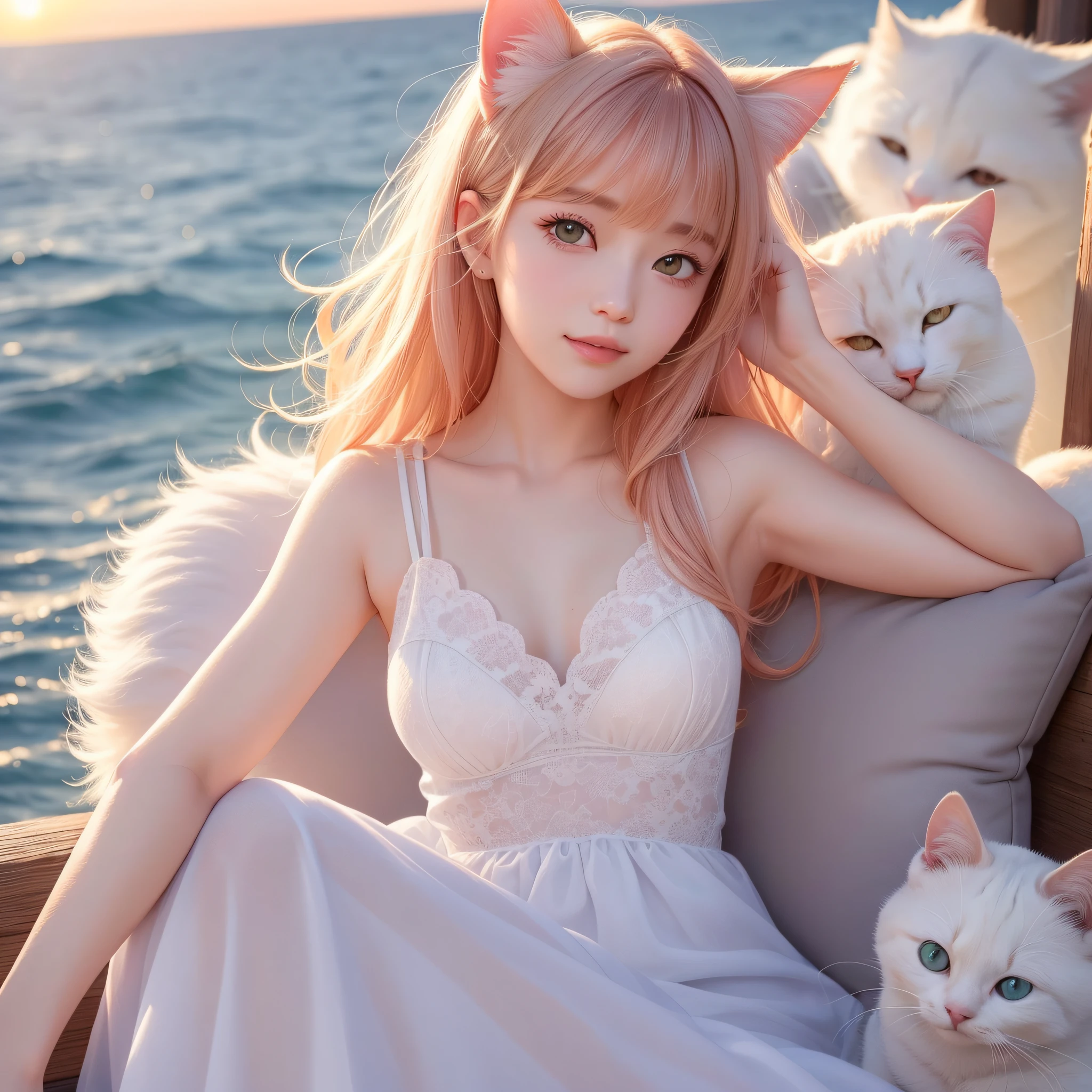(Best Quality:1.5), (Detailed CG), (High resolution:1.5),White cat with the face of the queen of the country of cat ears、Cat eared girl face and white cat、Face closeup and white cat、Close-up RAW photos, (lipgloss、Eye lashes、Shiny face、shinny skin、best qualtiy、超A high resolution、depth of fields、chromatic abberation、Caustics、Wide range of lighting、Natural Shading)、Beautiful sunset sea spreads out in the background。The sea is calm and quiet、The light of the setting sun reflects off the surface of the water and shines。Beautiful orange and pink color of sky、The beauty of the sunset envelops the whole。In the center of the photo is、The face of a cute girl with cat ears is projected。She was smiling with a calm expression.、Shining in the sunset light。Her eyes assimilated with the colors of the setting sun、Reflects soft orange and pink colors。Eta、There was a white cat beside her.、It's dusk with her。The cat seems to be her best friend、Makes you feel trust and peace。Its white fur shines in the light of the setting sun.、You may look like an angel。This photo is、Adorable cat-eared girl and white cat、Capture the happy moment of the sunset with the beautiful sunset of the sea.、Give viewers a warm impression and a sense of security.。It is a scene that combines the beauty of nature with kindness..、It will be a special moment that will remain in your mind。