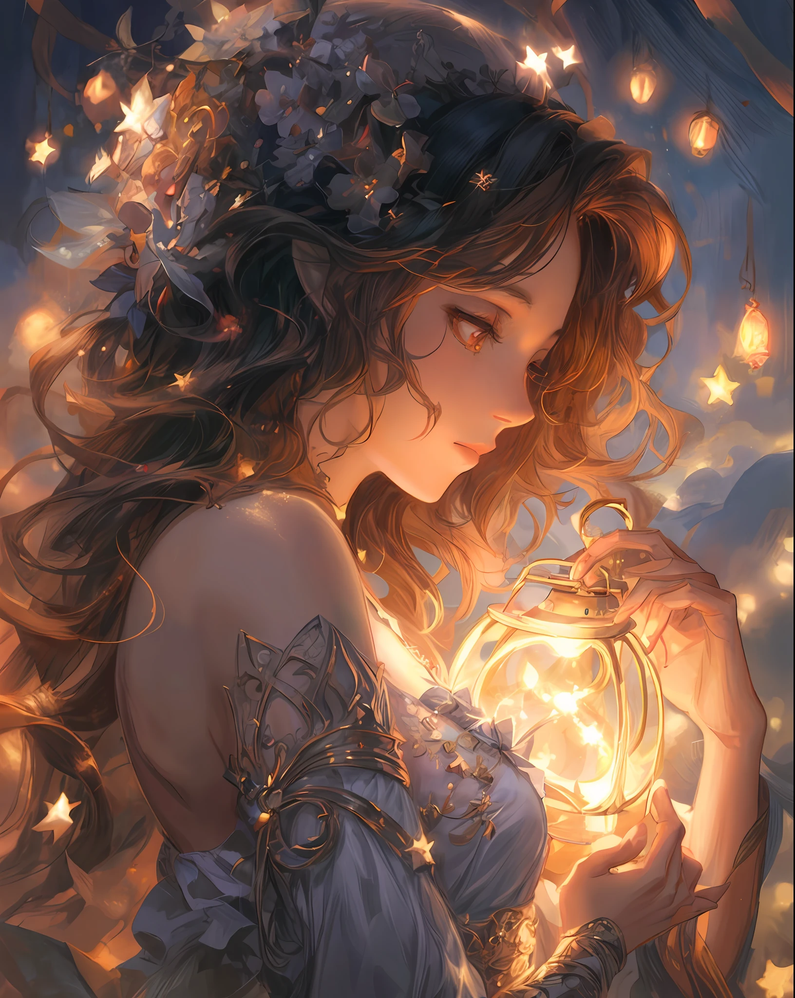 a woman holding a lantern in her hands with stars around her, fantasy gorgeous lighting, beautiful fantasy art, fantasy art style, beautiful digital artwork, beautiful fantasy art portrait, very beautiful fantasy art, gorgeous digital art, digital art fantasy art, beautiful fantasy portrait, fantasy beautiful, fantasy style art, beautiful digital art, fantasy art, glowing with magic, digital art fantasy