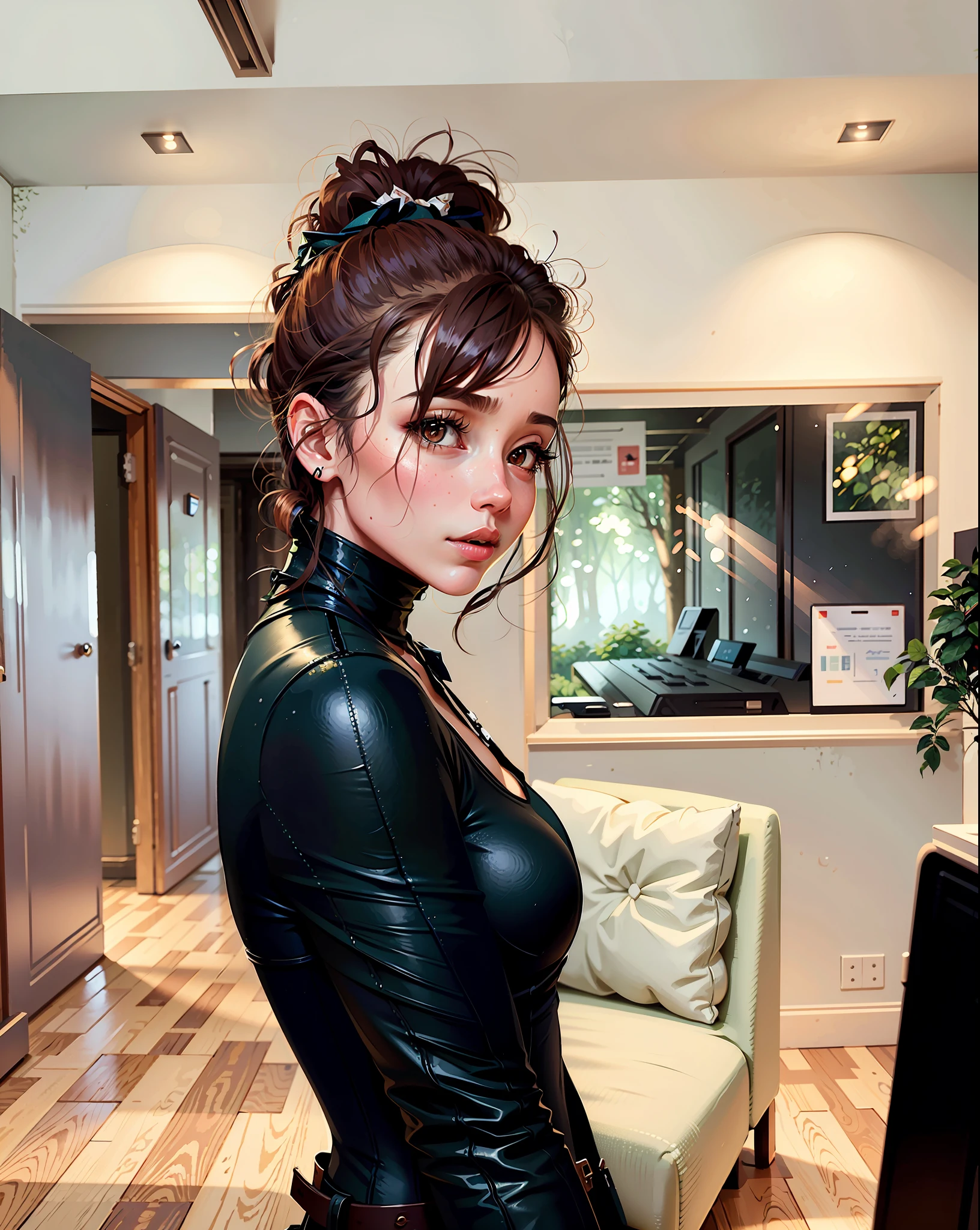 a hyper-realistic portrait of a young woman, inside a forest, in the middle of nature, 22 years old, realistic, (lying on her side), sexy, (huge breasts 2:1), short brown hair, (hair tied with bows), curved, SFW