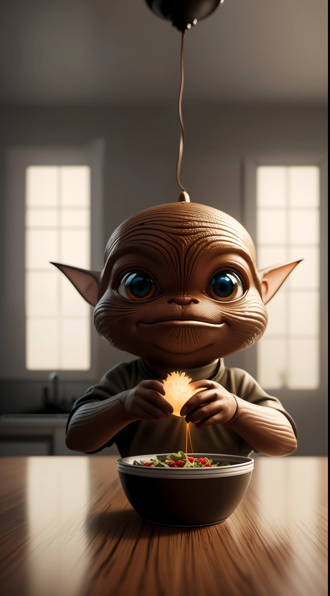 ultra realistic photography, Perfectly centered middle top shot, Cute gremlin preparing salad, Kitchen-studio in the background, looking a viewer, extremely detailed eyes, detailed symmetrical realistic face, extremely detailed natural texture, Masterpiece, award-winning photo, Depth of field, Extremely detailed, Amazing, finely detail, saturated colors, hyper-realistic realistic texture, dramatic lighting, UnrealEngine, Trending on ArtStation, photorealestic, RAW photo, hiquality, hight resolution, sharp-focus, Extremely detailed, Cinematic lighting, 16K UHD, high definition, Cinematic, neoprene, behance contest winner, Featured on Unsplash, cgsociety
