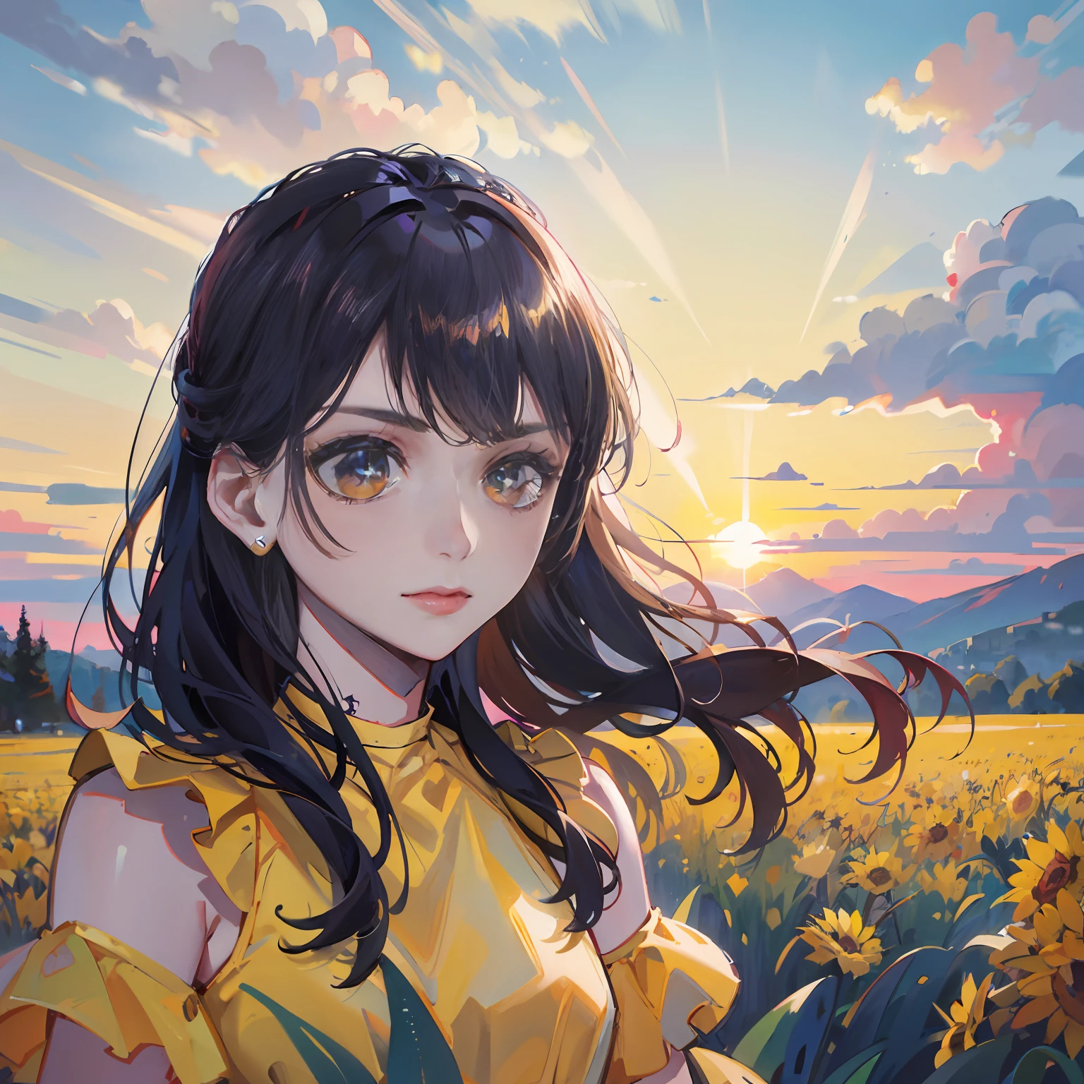 girl standing in field, closeup, portrait, clouds, sunrise