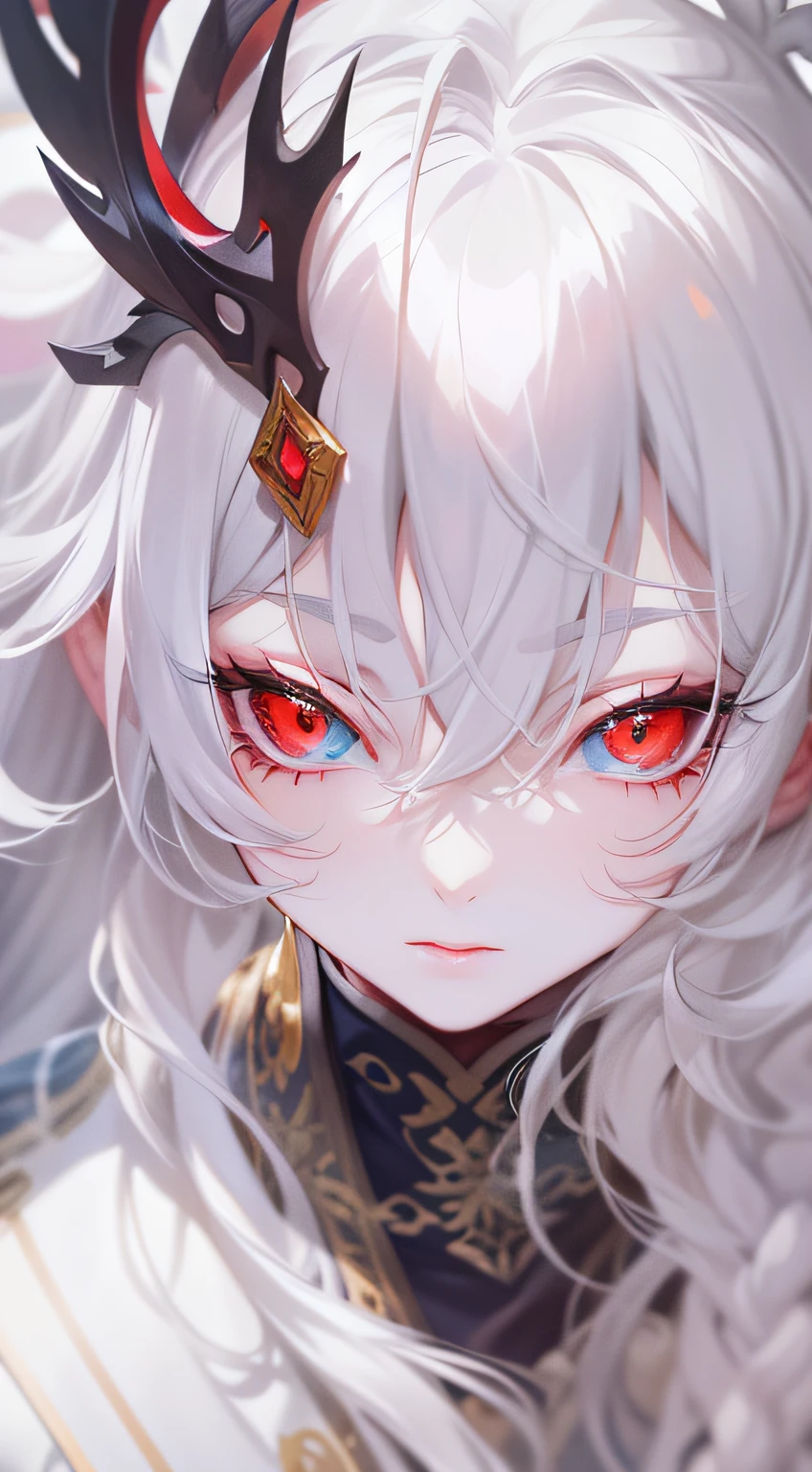 close-up of a woman with white hair and white mask,Belle peinture de personnage,Guviz,Guviz-style artwork,White-haired god,Yang J,Epic and beautiful character art,Stunning character art,FAN Qi,Wu Zhun Shifan,Blindfolded,Red eyes