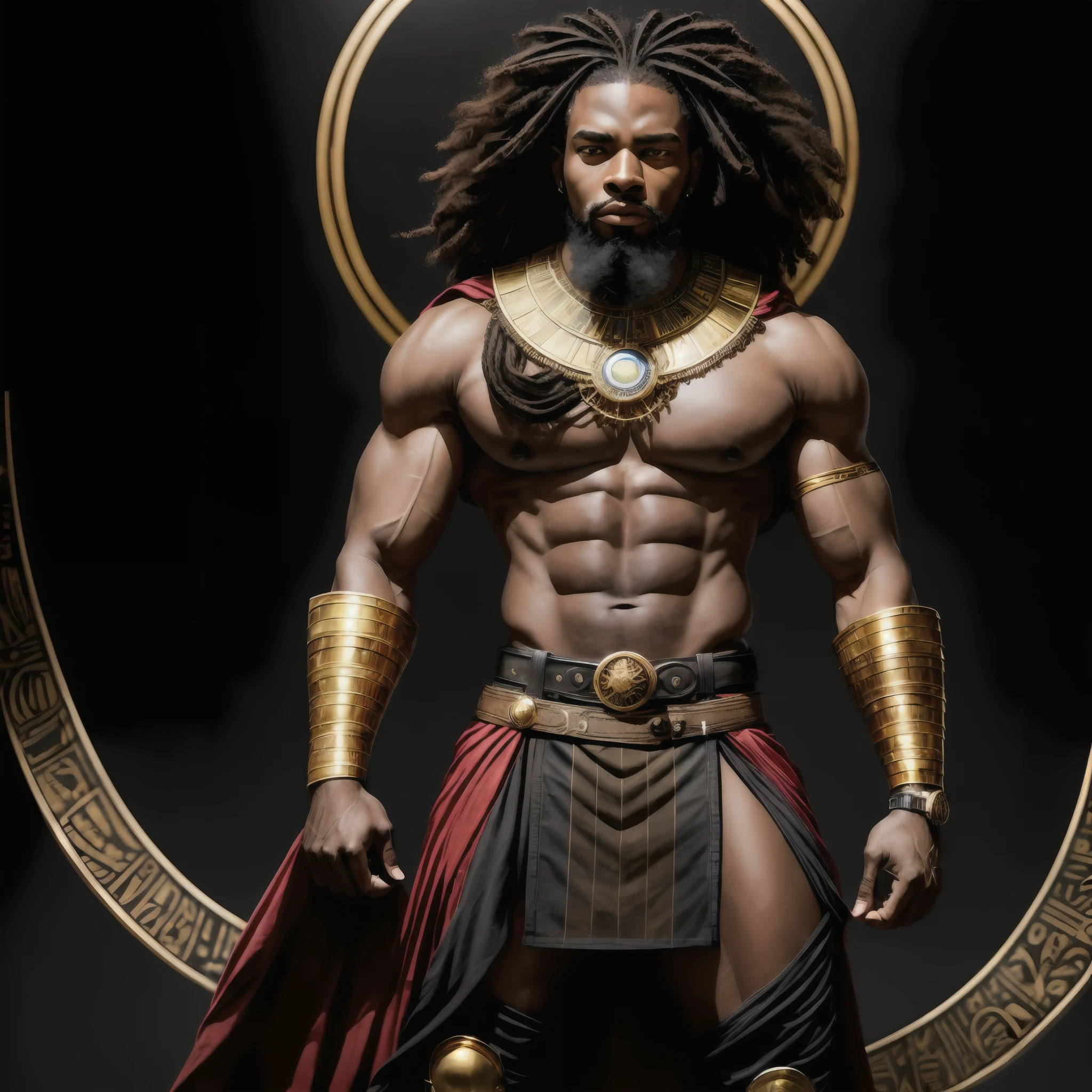 arafed man with a beard and a gold belt standing in front of a circular background, brown skin man egyptian prince, black thor, kemetic, african mythology, african steampunk alchemist, picture of an adult male warrior, djinn human hybrid, storm egyptian god, male warrior, wakanda, a black man with long curly hair, dark skin female goddess of love