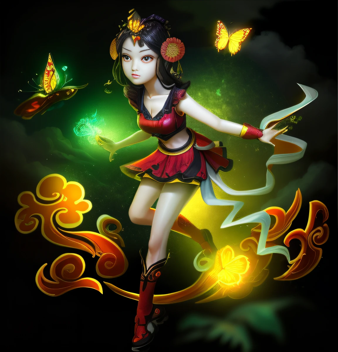 Chinese beautiful woman,largeeyes,a sharp chin,Look at the glowing butterflies,surrounded by cloud