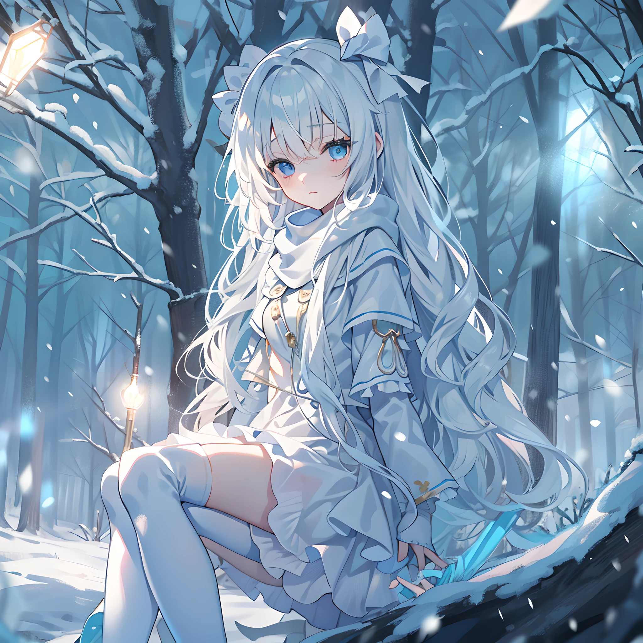 Light blue eyes,Princess cut,whaite hair,White thigh boots,White Gothololita,White over-the-knee stockings,white bows,Full body like,sweeping bangs,Semi-closed Eyes,Long white scarf,ln the forest,the night,at winter season,s girl,Indifferent expression,standing on your feet