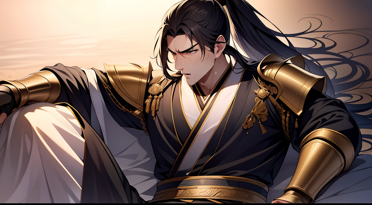 quadratic element,style of anime,mtu(Male Warrior),closeup of face,musculature,The proportions are correct,Face details,swordsmen,High ponytail hairstyle,perspired,Sweat on the face,drools,Neck details,There is an Adam's apple,Get wet,Drenched,Hanfu costume,kaftan,Embroidered robes,Robes,clothes details,Handing over,longer sleeves,Game quality,Swordsmanship,Light and shadow tracking,Ray traching,detailed glow,cg render,hair detail,eBlue eyes(eyes glowing),cabelos preto e longos,Golden eyes,Sweat on the face,Handsome,Handsome,Beads of sweat slipped down my neck,(juvenile sense),Clothing is complicated,Drenched,Get wet,Perfectcomposition,Refinement,high qulity,higher details,Lots of details,The background is complex,a sense of atmosphere,facial closeups,