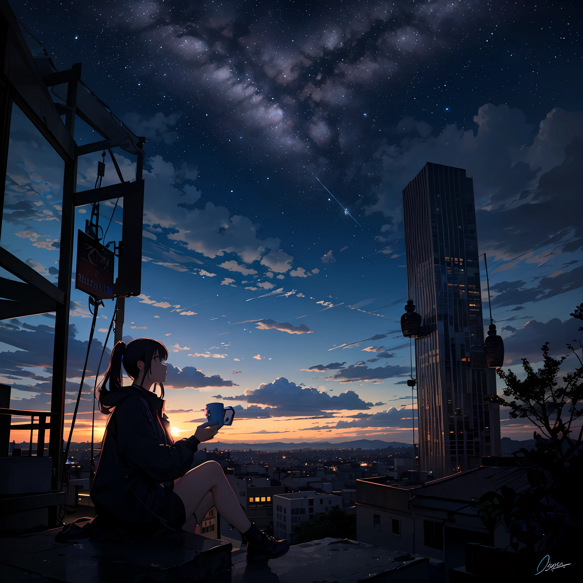 octans, sky, stars (sky), landscape, starry sky, night, 1girl, night sky, solo, outdoor, signature, architecture, clouds, milky way, sitting, tree, long hair, city, silhouette, cityscape --auto