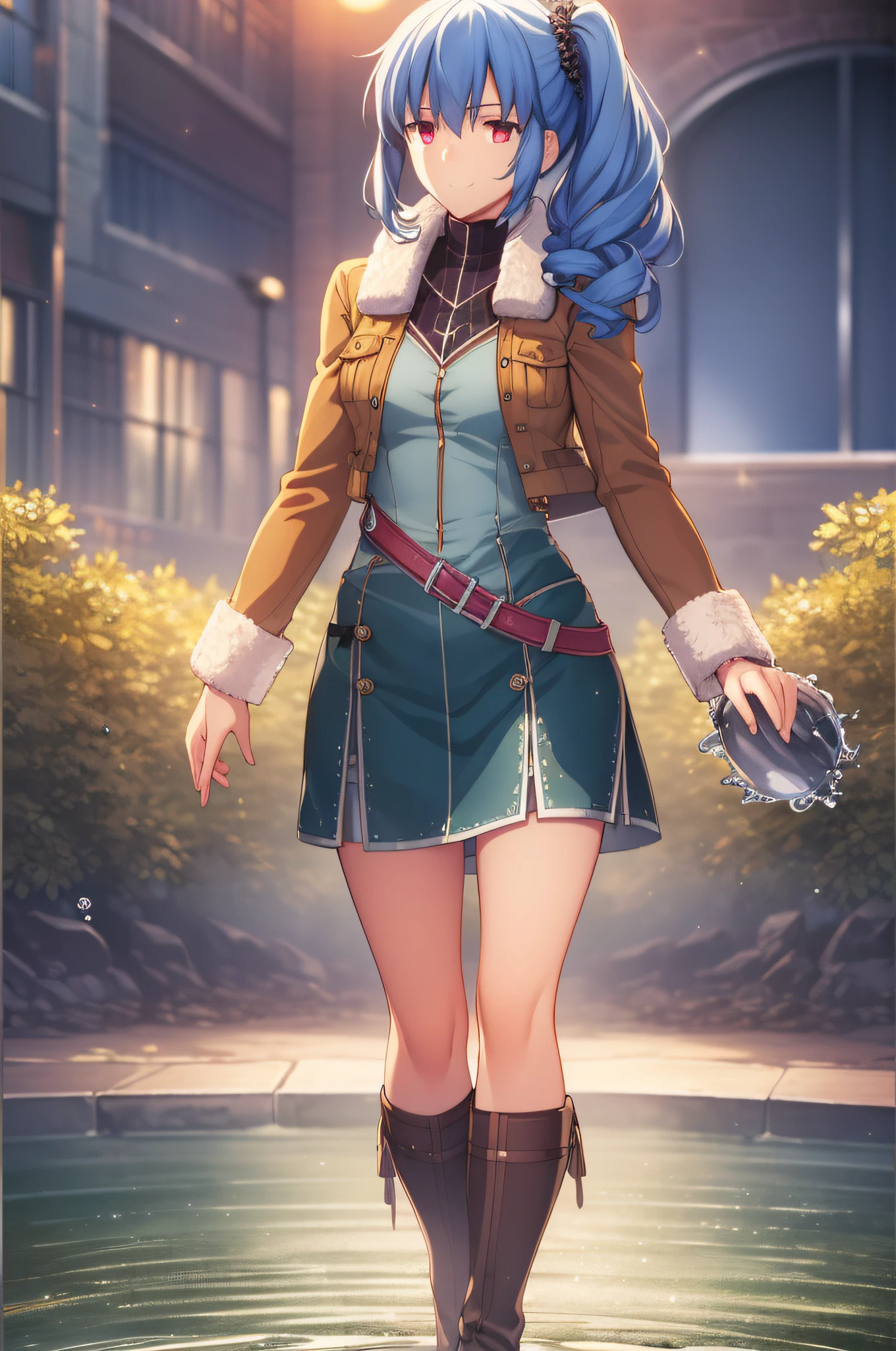 {{beautiful}}, amazing, (best quality:1.5), (masterpiece:1.5), extremely delicate and beautiful, intricate details, finely detailed, extremely detailed, beautifully detailed, ultra-detailed, (hyperdetailed:1.5), high resolution, (illustration), watercolor pencil, Clear line drawing, (ufotable style:1.1), (ufotable screen cap:1.1), anime coloring, anime screencap, (latest picture), backlighting, dynamic angle, glow, depth of field, {{body satisfaction}}, (body with a good balance of style:1.5), (slender figure:1.5), perfect body, perfect hands, perfect feet, (two arms:1.2), (two legs:1.2), (five fingers each:1.2), (perfect joint:1.2), perfect joint movement, beautiful detailed eyes, (detailed eyes:1.5), finely detailed eyes, perfect anatomy, full dissection, perfect composition, correct limbs, balance and coordination in all things, realistic:0.5, precise fingers and hands, (finely drawn hair:1.5), {{Claire Rieveldt}}, blue hair, side ponytail, scrunchie, (red eyes), (medium breasts:1.3), (small-sized buttocks:1.3), brown jacket, fur trim, green top, black collar, green skirt, belt, grey boots, {{lake}}, (water splashes:1.5), (forest:1.2), (night:1.2), (full moon:1.2), {{1girl}}, (solo:1.2), looking at the viewer, smile, {{standing}},