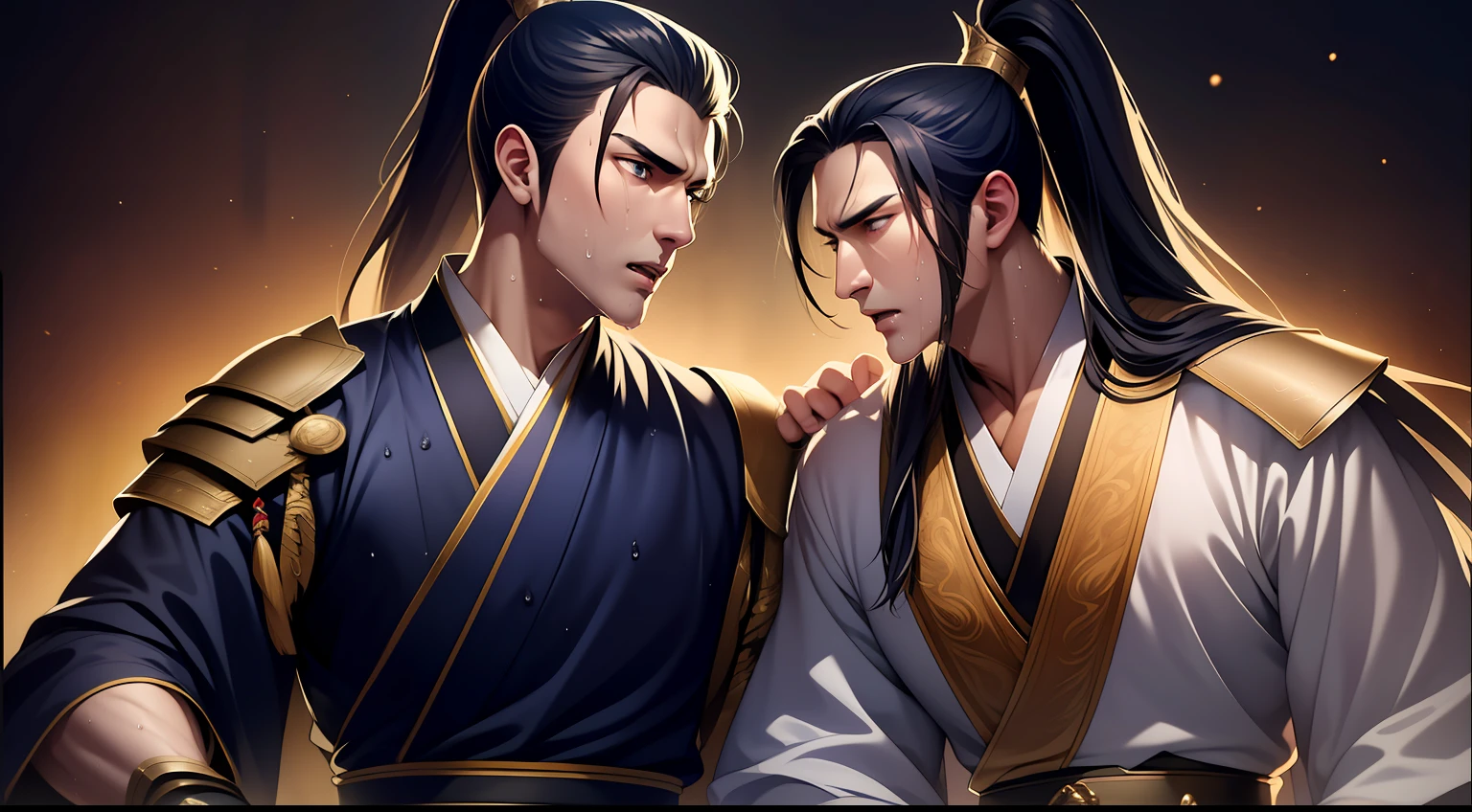 quadratic element,style of anime,mtu(Male Warrior),closeup of face,musculature,The proportions are correct,Face details,swordsmen,High ponytail hairstyle,perspired,Sweat on the face,drools,Neck details,There is an Adam's apple,Get wet,Drenched,Hanfu costume,kaftan,Embroidered robes,Robes,clothes details,Handing over,longer sleeves,Game quality,Swordsmanship,Light and shadow tracking,Ray traching,detailed glow,cg render,hair detail,eBlue eyes(eyes glowing),cabelos preto e longos,Golden eyes,Sweat on the face,Handsome,Handsome,Beads of sweat slipped down my neck,(juvenile sense),Clothing is complicated,Drenched,Get wet,Perfectcomposition,Refinement,high qulity,higher details,Lots of details,The background is complex,a sense of atmosphere,facial closeups,