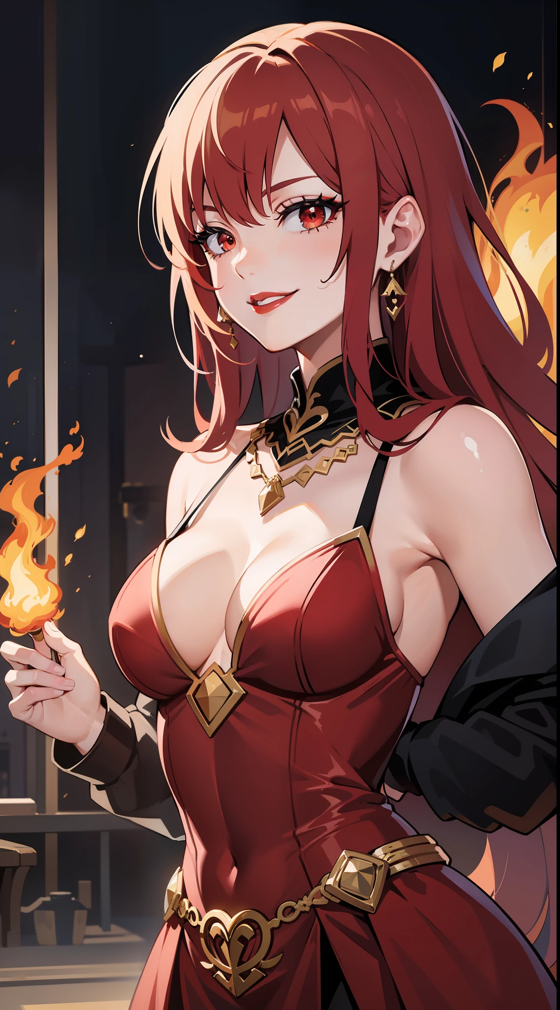 Adult woman, Long bright fiery red hair, fiery red eyes, bright red luxury dress, red lipstick, smirk, fire, Masterpiece, hiquality