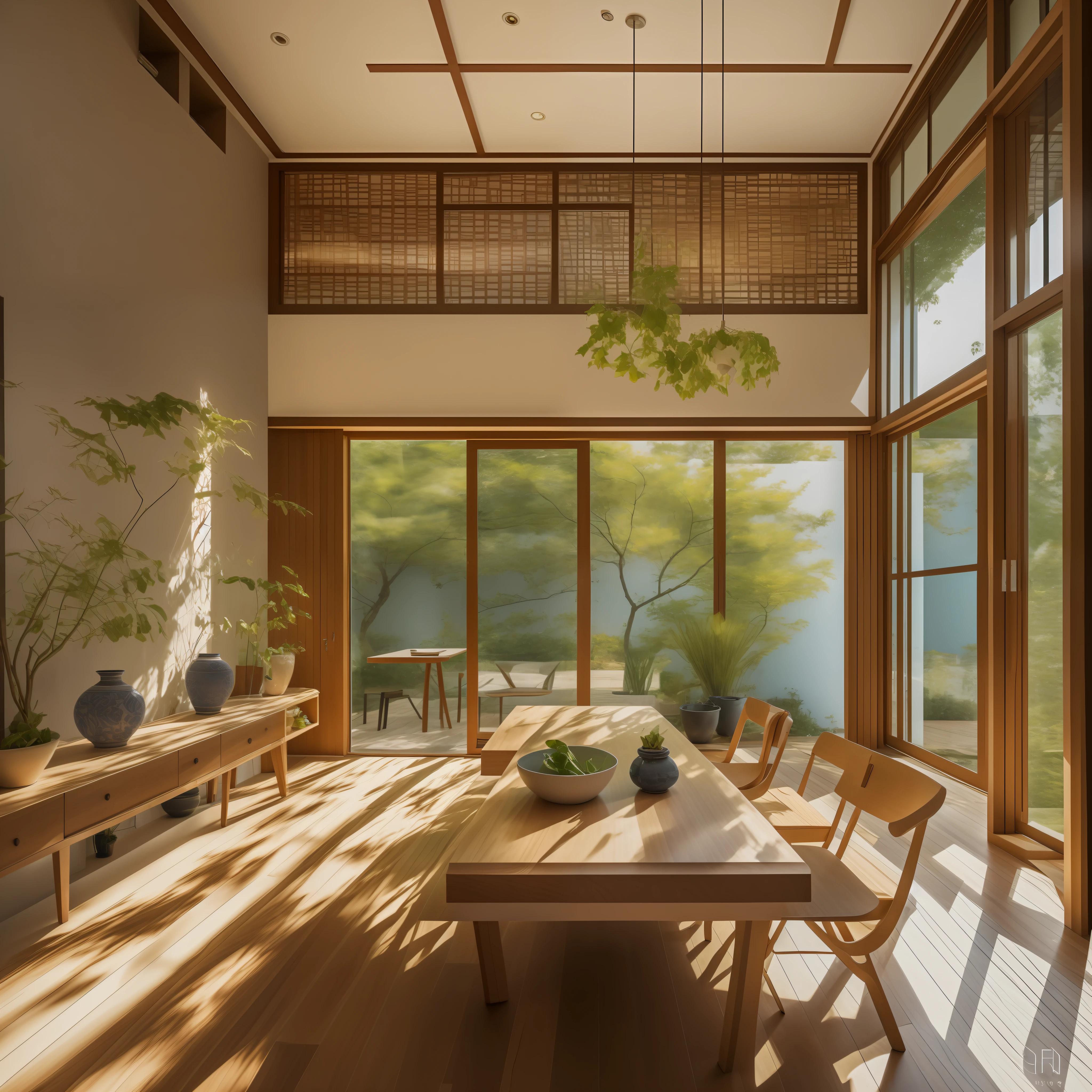 interior design、Insanely detailed wide-angle architectural photo、Cozy contemporary living room、(Bright and warm sunlight 1:0.1)、Award-winning contemporary interior design、landscapes、The table、a chair、in a house、Wooden flooring、window、resturant、east asian east asian architecture、sliding paper doors、abajour、architectural、the woods、naturey、cups、a plant、interior design、Insert lighting and shadows、depth of fields、low illuminance、