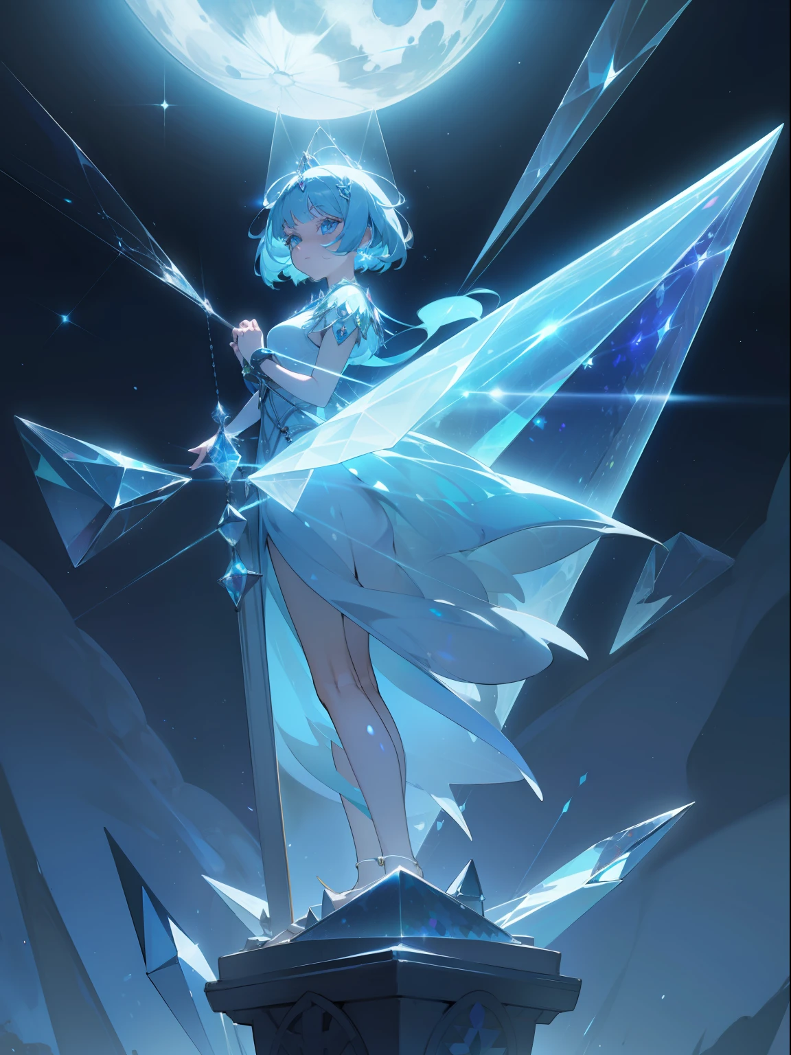 Goddess standing on a flying sacred cubic body, crystal cube with iridescent patterns on its surface, overlooking fantasy night city, clear-cut face long eyelashes light blue short hair, moon starry night sky, mysterious, 3d fantasy, immersive transparent fantastic, anime detailed line work, trending on pixiv, anime, manga 8k