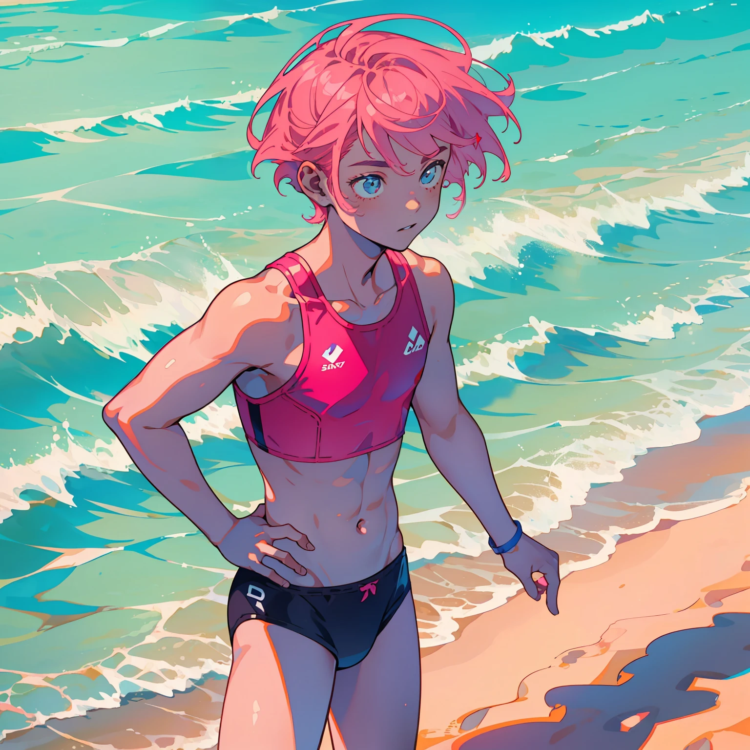 A teenager playing beach volleyball by the sea，Qi，rays of sunshine，Handsome and cute，A pink-haired，Short hair，Messy hairstyle，Wear swimming briefs