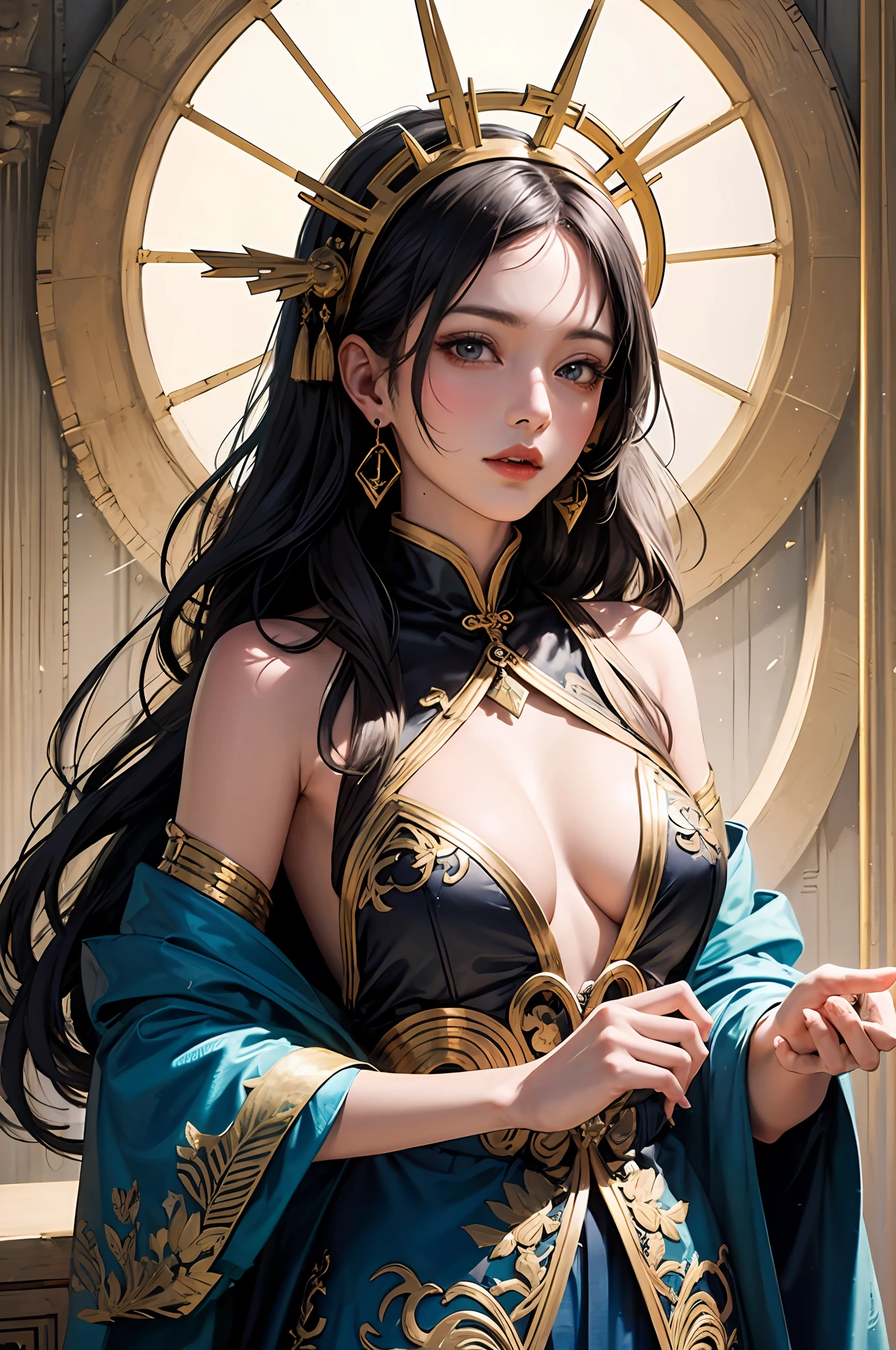 (tmasterpiece,top Quority,best qualtiy,offcial art,Beautiful and aesthetic:1.2),(1girl),Extremely detailed,Colorful,highestdetailed,offcial art,统一 8k 壁纸,ultra - detailed,Beautiful and aesthetic,Beautiful Chinese goddess,A golden hair ornament on his head,The ears are large,tmasterpiece,best qualtiy,(zentangle,datura,Tangles,entangled),holy rays,gold foil,Gold leaf art,glitter drawing,PerfectNwsjMajic