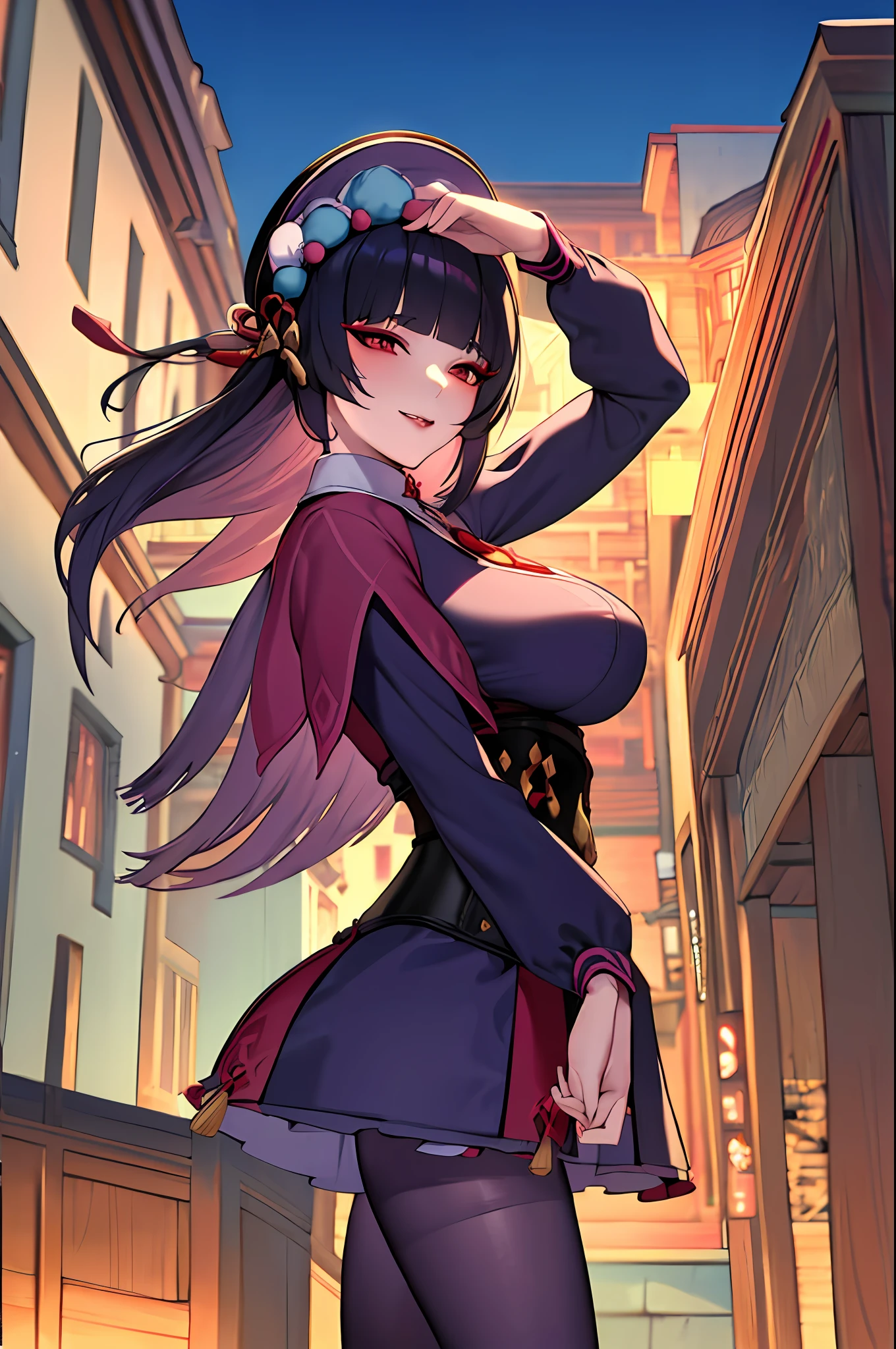 ((masterpiece:1.2)), yunjin(genshin impact), best quality, (pretty face), dramatic lighting,1girl, solo, blunt bangs, hime cut, black corset, black hair, collar, mascara, ((red eyeshadow)), long hair, sidelocks, floating hair, looking at viewer, (makeup), pink capelet, qi ta, red eyes, puffy long sleeves, bonnet, purple dress, ((large breasts)), (under bust), parted lips, light smile, hand up, index finger raised, long skirt, (purple pantyhose), (wind blowing skirt), anime screencap, (night sky), east asian architecture, Liyue, tassel, black footwear, (half closed eyes), genshin impact, boots, (full body view), ((official art)),