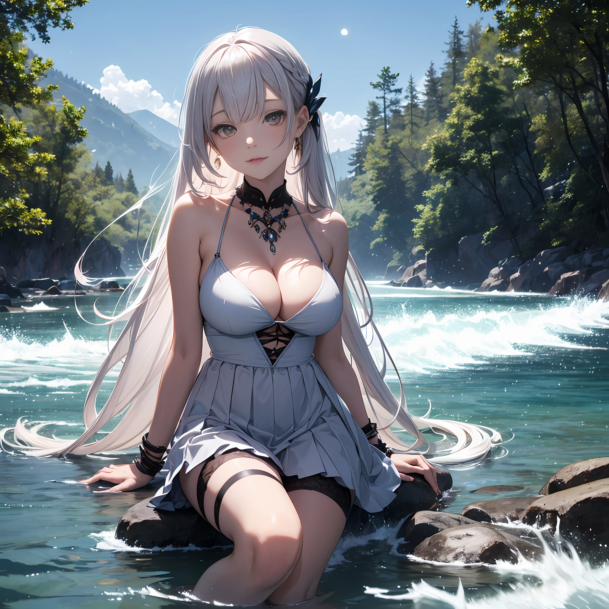 tmasterpiece, (best qualtiy), 1womanl,1girll,Violet_flodt, long whitr hair, whaite hair, with brown eye, Yellow eyes, white shirt, , white skirt, pleatedskirt,, bare shoulders, mediuml breasts, ,Sexy women, zettai ryouiki, Separate bangs, jewely, Ribbons, AS-Adult, (Legs crossed:1.2), crossedlegs, (mediating), peace, vivd colour ,,natural lightting , RTX, hair between eye , big breasts beautiful, (Detailed face:1.2), Exhibited, (perfect eyes:1.1) ,(Photorealsitic:1.1), 8K UHD, In the natural environment,High mountains and flowing water,faeries,goddes,God of the Moon ,long white hair,Goddess of high cold,Bare body,The eyes are ethereal,