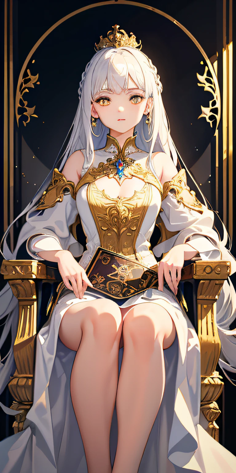 (Masterpiece:1.2), best quality, (illustration:1.2), (ultra-detailed), hyper details, (delicate detailed), (intricate details), (cinematic light, best quality Backlights), clear line, from below, soloist, perfect body, (1girl), white hair and yellow eyes, (emperor, black see-through clothes), (crown: 1.1), sitting on the throne, eyes slightly closed, head down, (shy: 1.2 ), (makeup), high contrast, (best illumination, an extremely create and beautiful), (cinematic light), colorful,