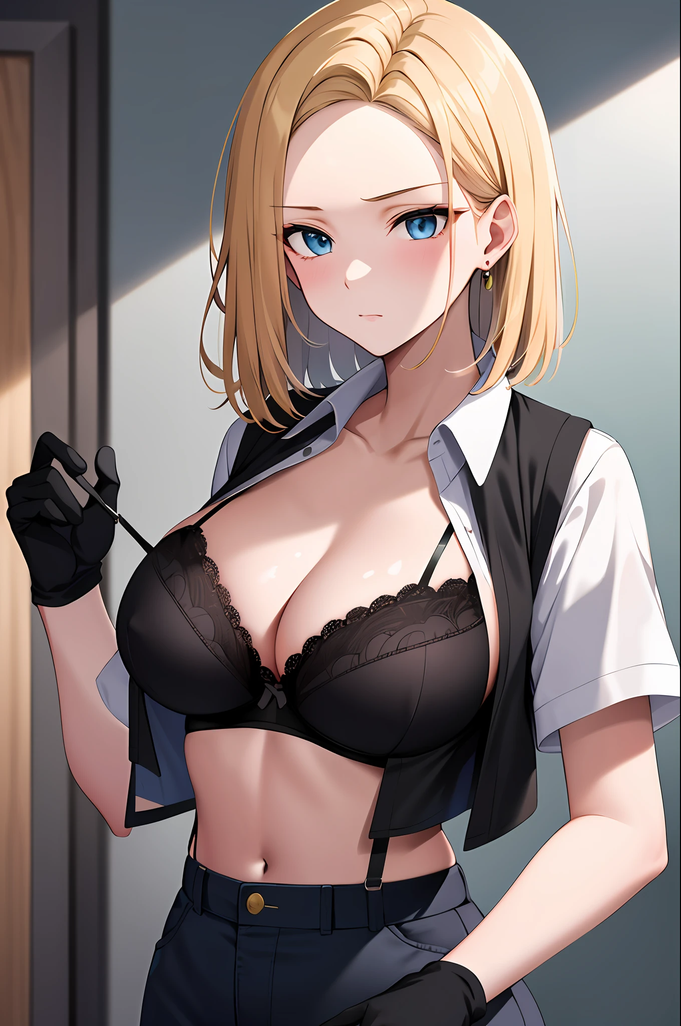 Best quality at best, A high resolution, and 18, 1girll, Android 18, 独奏, blond hairbl, eBlue eyes, Black gloves, white shirt, short detailed hair, short- sleeved, 耳Nipple Ring, Open the vest, Large breasts, (废墟:1.3), (torn laundry:2), sitted, face expressionless, cleavage, Gang explosions, 3 sets,White lace bra