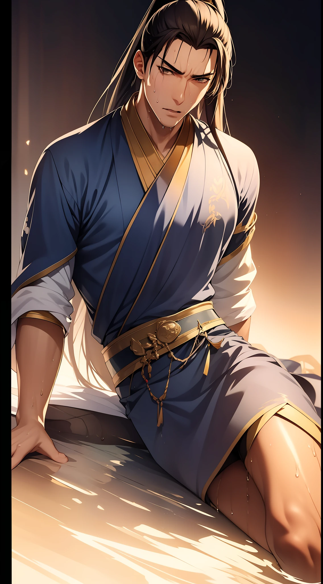 quadratic element，style of anime，mtu（Male Warrior），musculature，The proportions are correct，Face details，swordsmen，High ponytail hairstyle，perspired，Sweat on the face，drools，Neck details，There is an Adam's apple，Get wet，Drenched，Black Hanfu，kaftan，Embroidered robes，Black robe，clothes details，Handing over，longer sleeves，Game quality，Swordsmanship，Light and shadow tracking，Ray traching，detailed glow，cg render，hair detail，cabelos preto e longos，Golden eyes，Sweat on the face，Handsome，Handsome，Beads of sweat slipped down my neck，（juvenile sense），Clothing is complicated，Drenched，Get wet，Perfectcomposition，Refinement，high qulity，higher details，Lots of details，The background is complex，a sense of atmosphere，