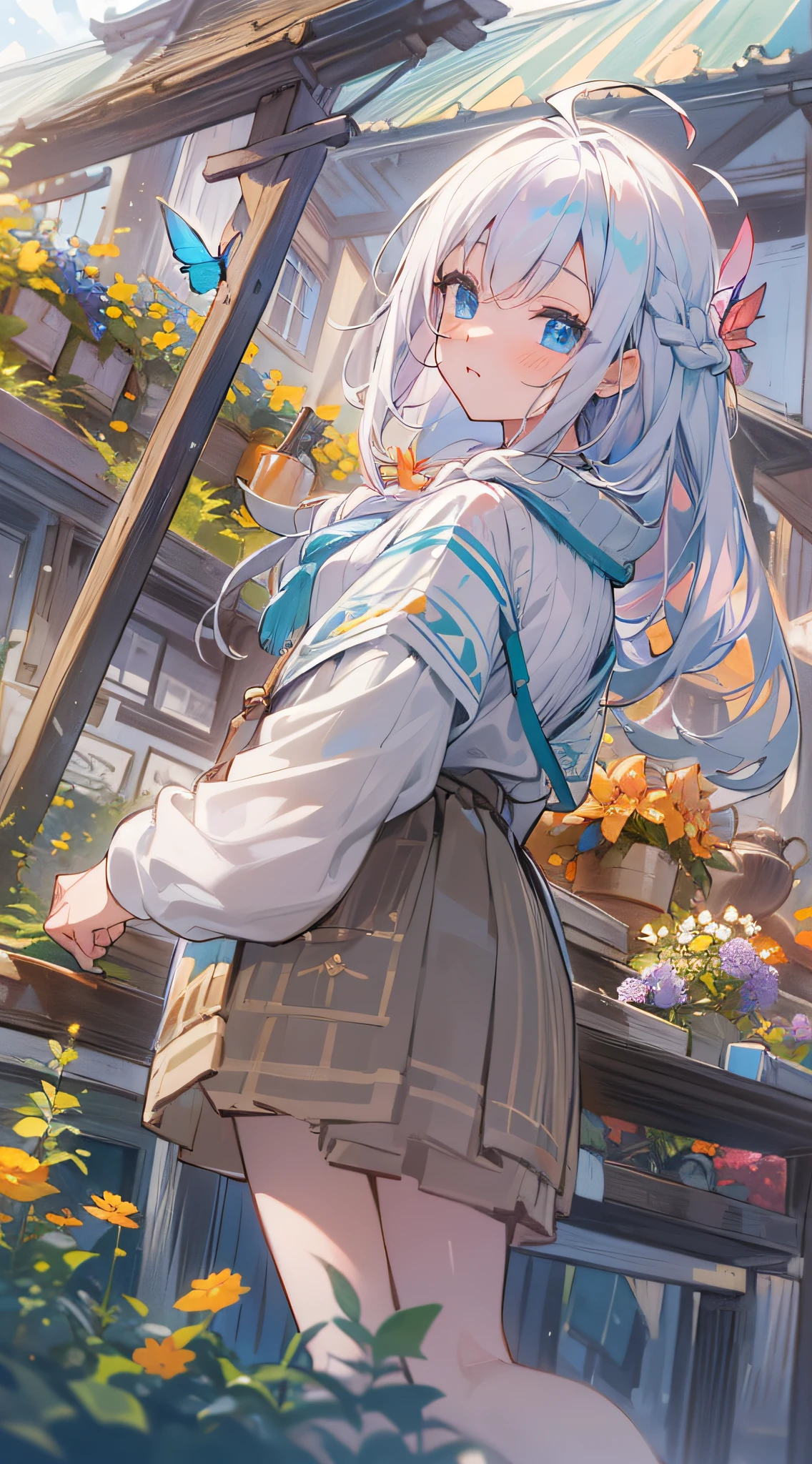 ((Masterpiece,Best quality,Detailed)), 4K,8K,higres, 1girll , ph elaina, Majo no tabitabi, White hair, ahoge, Long hair, Braid, Blue eyes, shirt, Sweater, broom, Town, Buildings, casa, Flowers, Butterfly, Sunshine, Sunshine enchantment