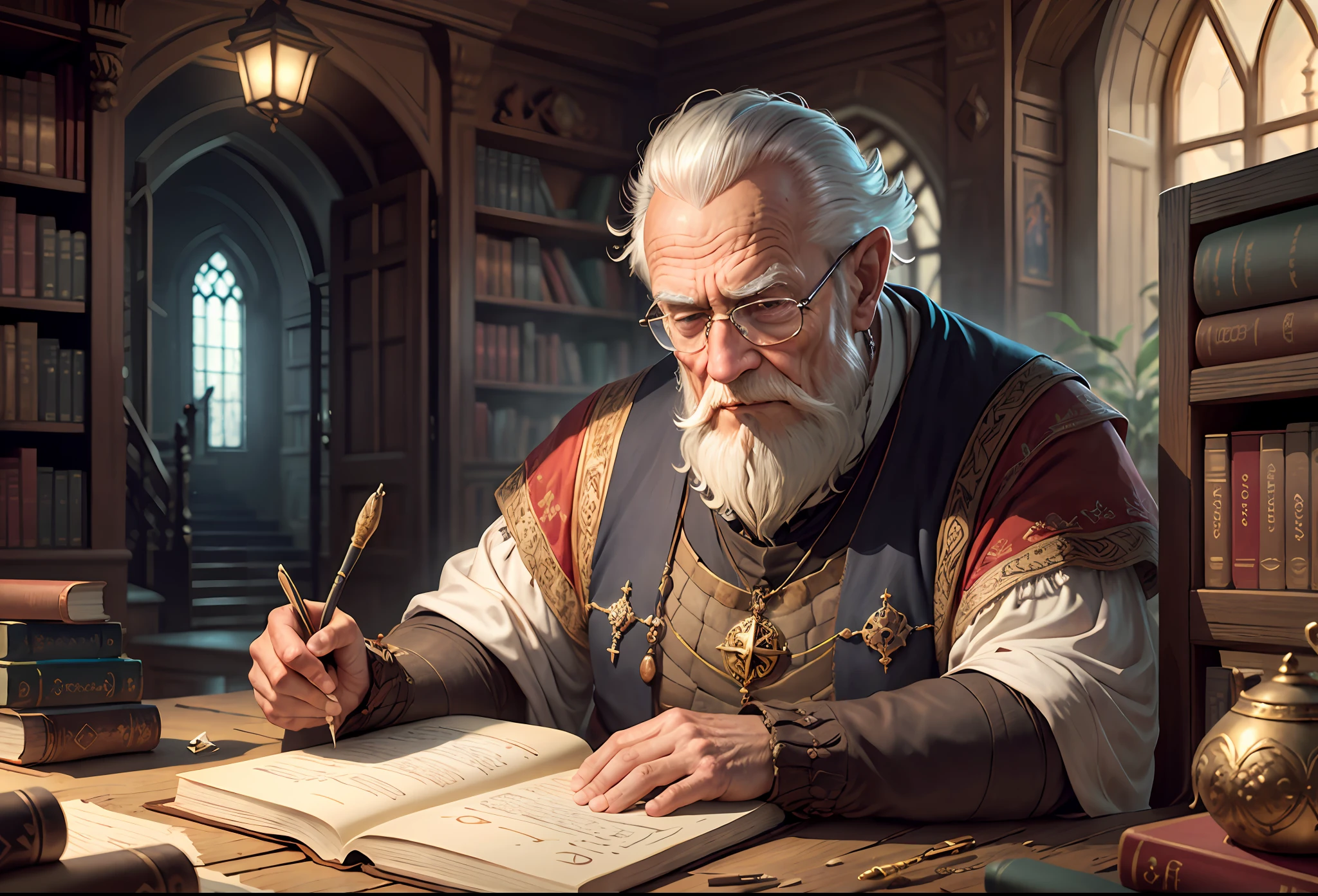Medieval imangem, fantasy, old man wizard working writing a magical book in a library with a lot of technology and extreme realism,