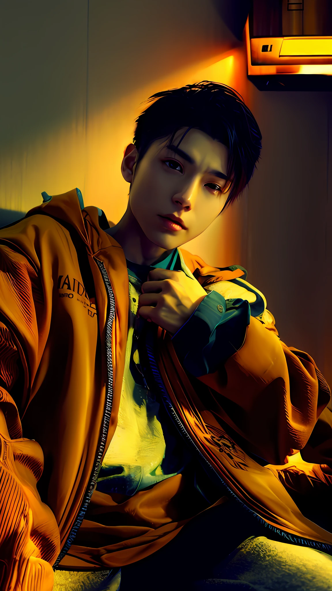 The Arafed man sat on the sofa，Wear a jacket, Anime style mixed with Fujifilm, inspired by Liam Wong, photorealistic art style, editorial photograph, shinji, [ Digital art ]!!, [ Realistic photography ], inspired by Yanjun Cheng, Cai Xukun, photo style of shawn paul tan, valentine, Anime. Soft lighting, profile shot, Shin Jinying