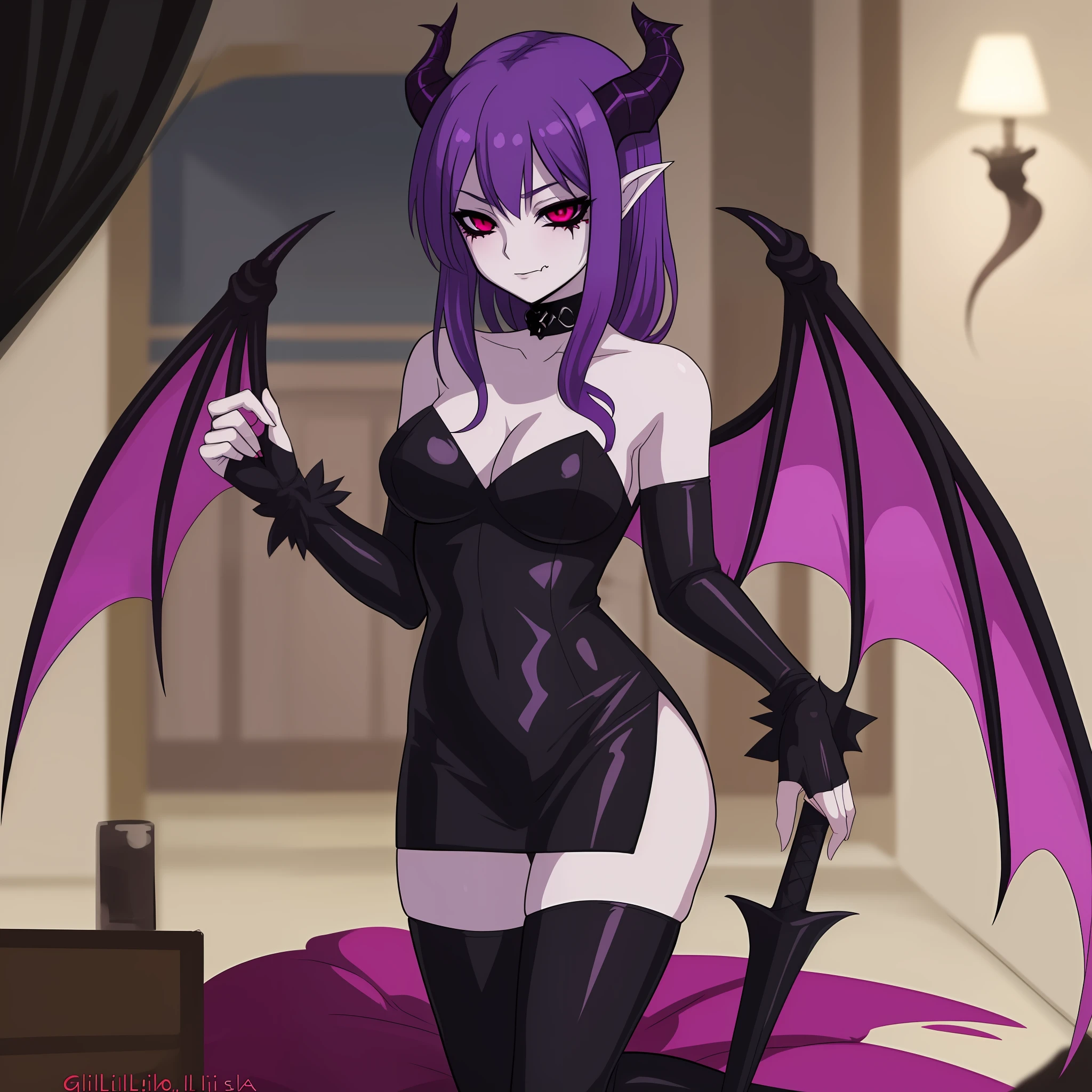 a woman in a black and purple outfit with a bat, succubus in tight short dress, beautiful succubus, demon anime girl, succubus, demon girl, succubus | medieval, mika kurai demon, giesha demon, anime monster girl, lilith, demoness, beautiful elegant demon queen, evil looking, dark demonic dancer, full body devil woman, purple hair