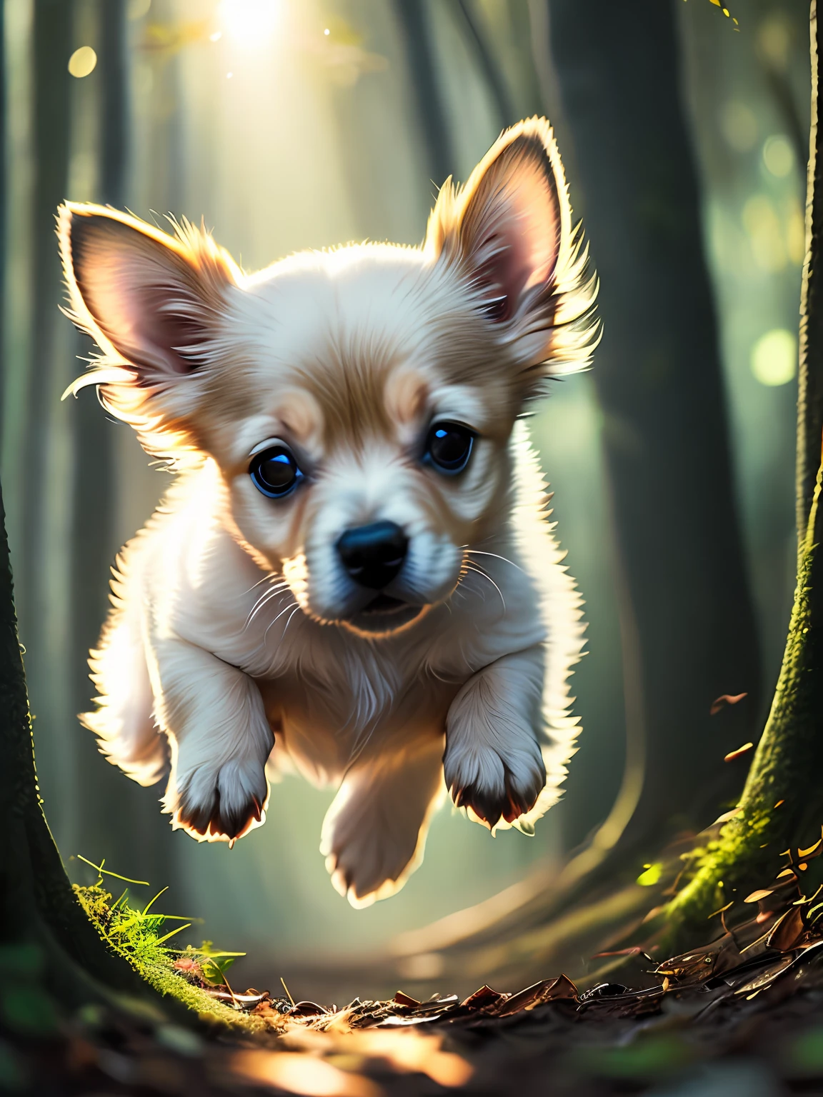 close up photo of a very cute jumping puppy in the forest, soft volumetric lights, (backlit:1.3), (cinematic:1.2), intricate details, (ArtStation:1.3), Rutkowski