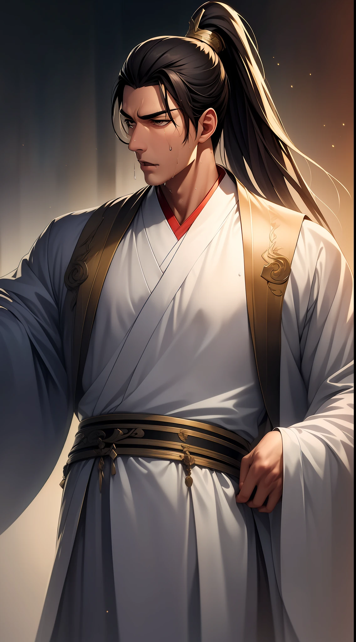 quadratic element,style of anime,mtu(Male Warrior),musculature,The proportions are correct,Face details,swordsmen,High ponytail hairstyle,perspired,Sweat on the face,drools,Neck details,There is an Adam's apple,Get wet,Drenched,Black Hanfu,kaftan,Embroidered robes,Black robe,clothes details,Handing over,longer sleeves,Game quality,Swordsmanship,Light and shadow tracking,Ray traching,detailed glow,cg render,hair detail,cabelos preto e longos,Golden eyes,Sweat on the face,Handsome,Handsome,Beads of sweat slipped down my neck,(juvenile sense),Clothing is complicated,Drenched,Get wet,Perfectcomposition,Refinement,high qulity,higher details,Lots of details,The background is complex,a sense of atmosphere,