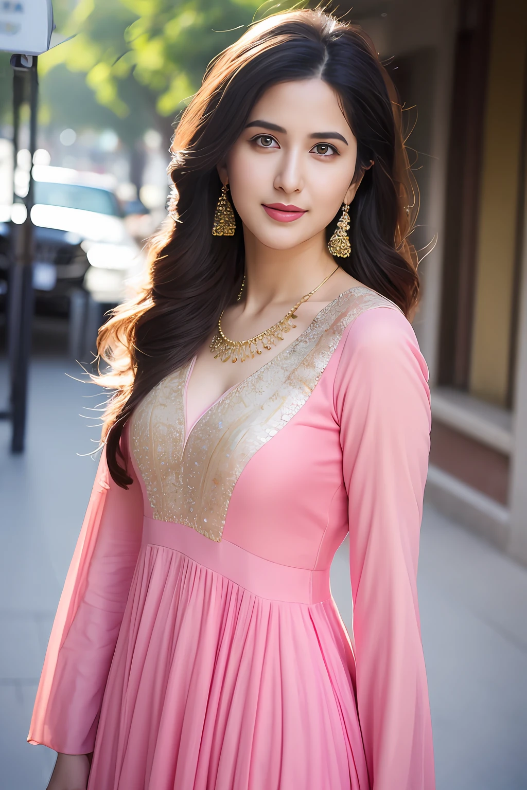 Wear bandhani anarkali dress pose, gorgeous royal, ((Katrina kaif:1.2)), jewellery, gem, necklace, gold bracelet, anklets, thick lips, skindentation, parted lips, ulzzang-6500-v1.1, portrait of a beautiful Indian woman, From Golden Skin, 27 years old, Pretty woman, Indian model, (in long anarkali dress) (Slim abdomen), (Perfect slim figure), (Dynamic pose), Solo, ((open crotch)), (((bare ass))), (Slim:1.1), 1 woman, (Full figure:0.9), Beautifully detailed sky, sunny day, Mumbai city, On the street, detailed Mumbai street, Indian clothes,(( long sleeve dress)), ((long pink anarkali dress)), medium hair, smile, closed mouth, lips, Long Pink anarkali dress covered with full body, detailed beautiful round eyes, Indian women, Asian women, Beautiful face, photorealistic, rim lighting, two-tone lighting, gold bracelet, thick lips, indentation, parted lips, (detailed eyes), light blonde hair, blue eye, details still clear, honey-coloured, fluffy turned, HDR, shallow depth of field, broad light, backlighting, bloom, light sparkles, chromatic aberration, sharp focus, Nikon Z 85mm, unparalleled masterpiece, ultra-realistic 8k photos, best quality masterpiece, best quality, standing, full body shot, (wind:1.4)(photorealistic:1.2), (realistic:1.5), (hyperrealistic:1.2),(photorealistic face:1.2), (full view), (light blonde hair), (blue eyes), ((big cheeks)), (beautiful face:1.8), (detailed face:1.6), (medium breast:1.2), (detailed bright eyes:1.5), (eyelashes:1.4), (smiling:1.3), (detailed long black hair), (long Pink anarkali dress:1.5), (narrow waist:1.5), (thigh: 1.5), (realistic human skin:1.6), (full curvy body) (detailed eyes), (seductive pose), (detailed facial features), (detailed clothes features), (necklace), (earrings), (bracelet), ( Long pink bandhani anarkali dress), (Photorealistic:1.4), (High Quality: 1.2), Raw photo, (Perfect body shape), Uniform, Deep shadows, Unobtrusive, Cold light 12000K,