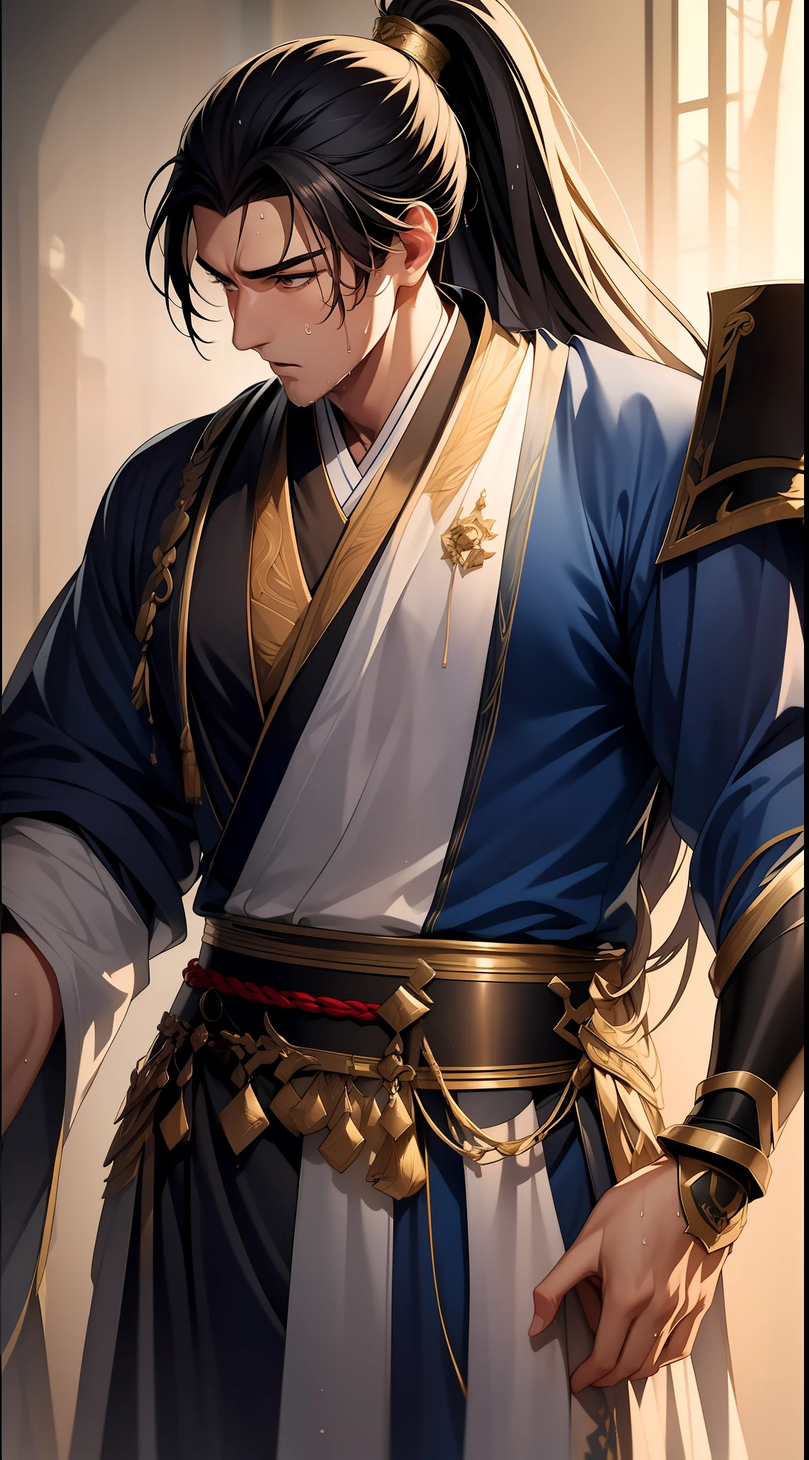 quadratic element,style of anime,mtu(Male Warrior),musculature,The proportions are correct,Face details,swordsmen,High ponytail hairstyle,perspired,Sweat on the face,drools,Neck details,There is an Adam's apple,Get wet,Drenched,Black Hanfu,kaftan,Embroidered robes,Black robe,clothes details,Handing over,longer sleeves,Game quality,Swordsmanship,Light and shadow tracking,Ray traching,detailed glow,cg render,hair detail,cabelos preto e longos,Golden eyes,Sweat on the face,Handsome,Handsome,Beads of sweat slipped down my neck,(juvenile sense),Clothing is complicated,Drenched,Get wet,Perfectcomposition,Refinement,high qulity,higher details,Lots of details,The background is complex,a sense of atmosphere,
