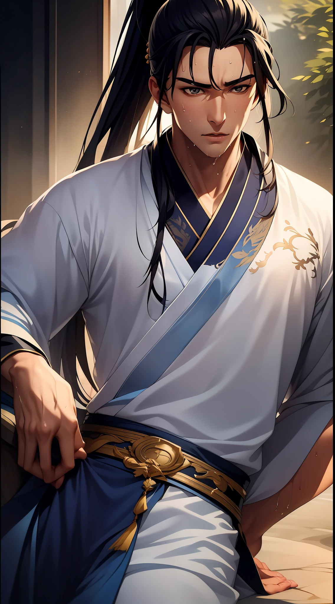 quadratic element,style of anime,mtu(Male Warrior),musculature,The proportions are correct,Face details,swordsmen,High ponytail hairstyle,perspired,Sweat on the face,drools,Neck details,There is an Adam's apple,Get wet,Drenched,Black Hanfu,kaftan,Embroidered robes,Black robe,clothes details,Handing over,longer sleeves,Game quality,Swordsmanship,Light and shadow tracking,Ray traching,detailed glow,cg render,hair detail,cabelos preto e longos,Golden eyes,Sweat on the face,Handsome,Handsome,Beads of sweat slipped down my neck,(juvenile sense),Clothing is complicated,Drenched,Get wet,Perfectcomposition,Refinement,high qulity,higher details,Lots of details,The background is complex,a sense of atmosphere,
