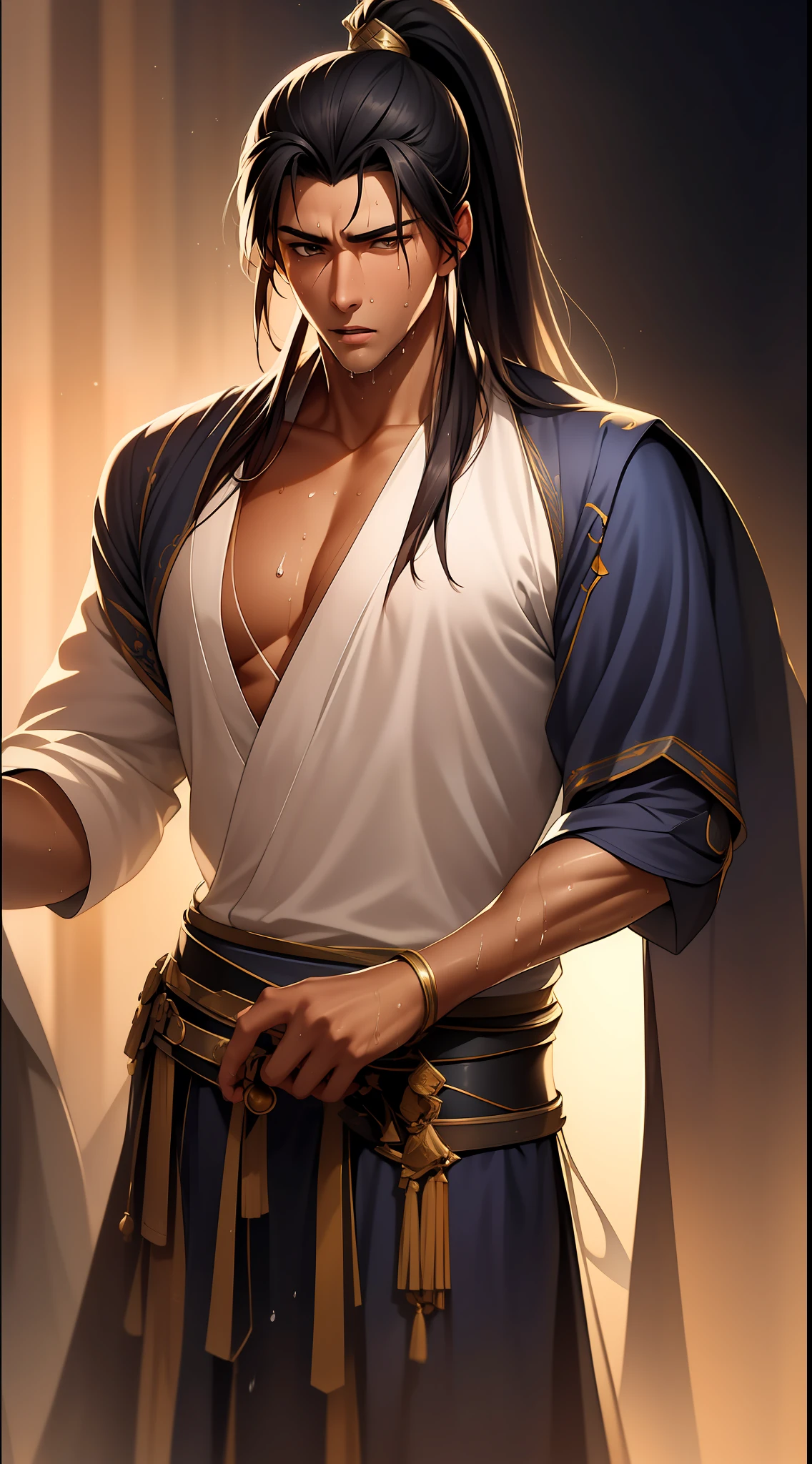 quadratic element,style of anime,mtu(Male Warrior),musculature,The proportions are correct,Face details,swordsmen,High ponytail hairstyle,perspired,Sweat on the face,drools,Neck details,There is an Adam's apple,Get wet,Drenched,Black Hanfu,kaftan,Embroidered robes,Black robe,clothes details,Handing over,longer sleeves,Game quality,Swordsmanship,Light and shadow tracking,Ray traching,detailed glow,cg render,hair detail,cabelos preto e longos,Golden eyes,Sweat on the face,Handsome,Handsome,Beads of sweat slipped down my neck,(juvenile sense),Clothing is complicated,Drenched,Get wet,Perfectcomposition,Refinement,high qulity,higher details,Lots of details,The background is complex,a sense of atmosphere,