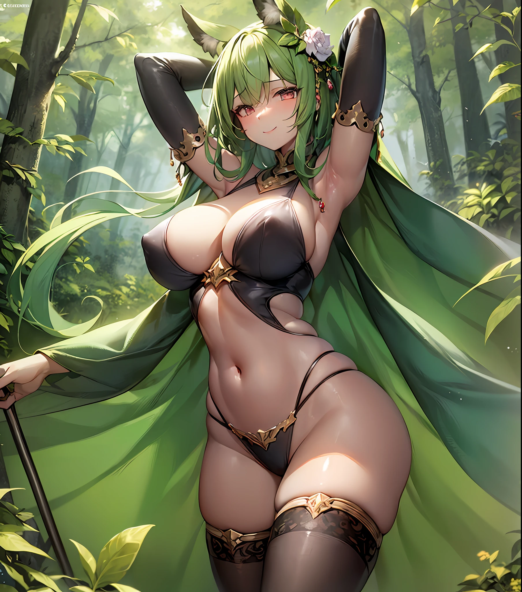 fantasy, 1forest_elemental_girl,, tiny,(dark_skin)0.9, (using_leaves_clothes, green_leaves_covered_breasts, leaves_covered_pussy,covered_nipples)+++,(gigantic_heavy_tits:1.1), walking, (smile, sleepy)+, medium_hair, navel oil, (winding_vine_around_torso)++, forest_background, leaves_headgear, green_leaves_cape, spread_arms, large_staff, leaves_thighhighs, big_ass,solo,(pelvic_curtain:0.9), tabard,