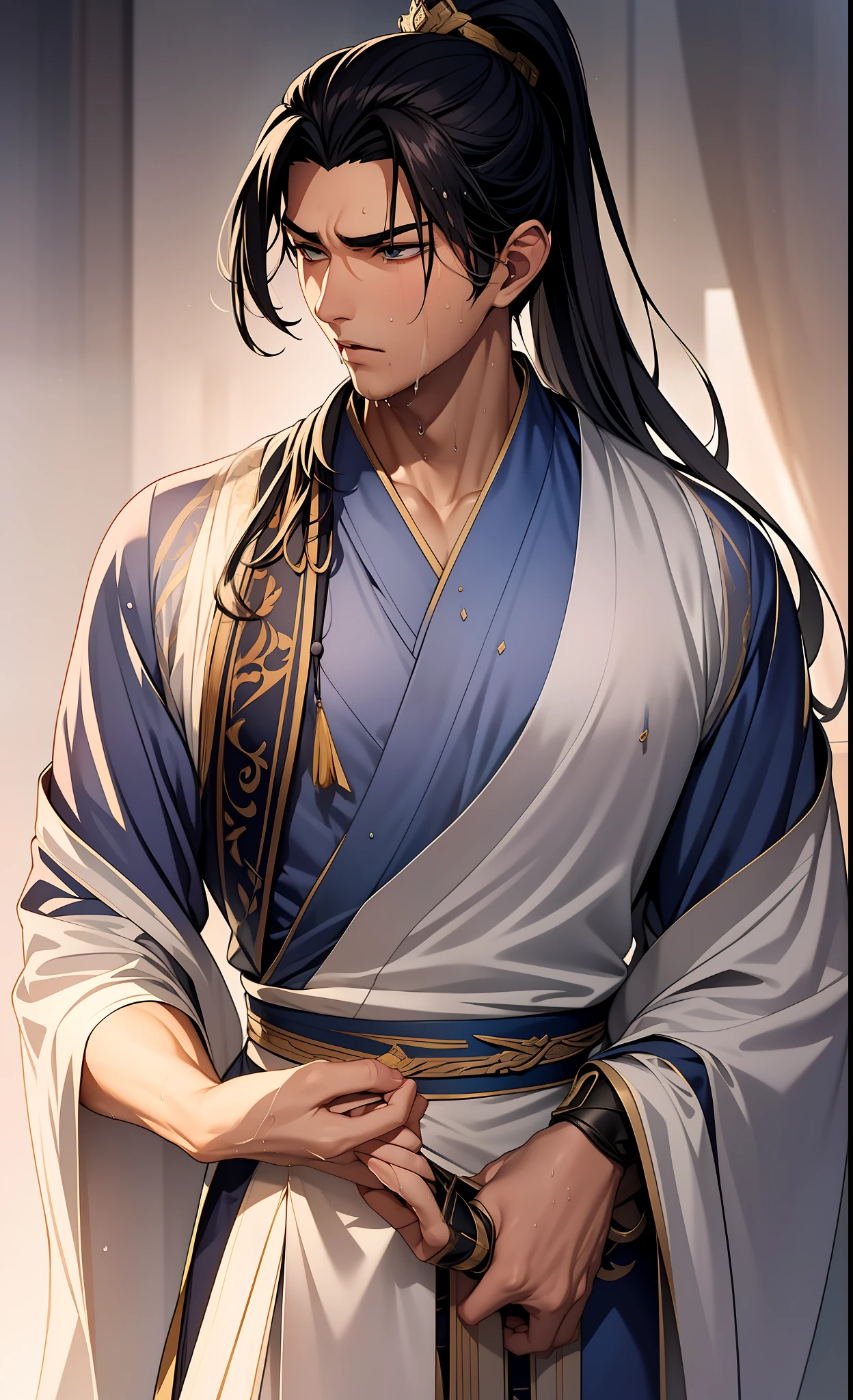 quadratic element,style of anime,mtu(Male Warrior),musculature,The proportions are correct,Face details,swordsmen,High ponytail hairstyle,perspired,Sweat on the face,drools,Neck details,There is an Adam's apple,Get wet,Drenched,Black Hanfu,kaftan,Embroidered robes,Black robe,clothes details,Handing over,longer sleeves,Game quality,Swordsmanship,Light and shadow tracking,Ray traching,detailed glow,cg render,hair detail,cabelos preto e longos,Golden eyes,Sweat on the face,Handsome,Handsome,Beads of sweat slipped down my neck,(juvenile sense),Clothing is complicated,Drenched,Get wet,Perfectcomposition,Refinement,high qulity,higher details,Lots of details,The background is complex,a sense of atmosphere,