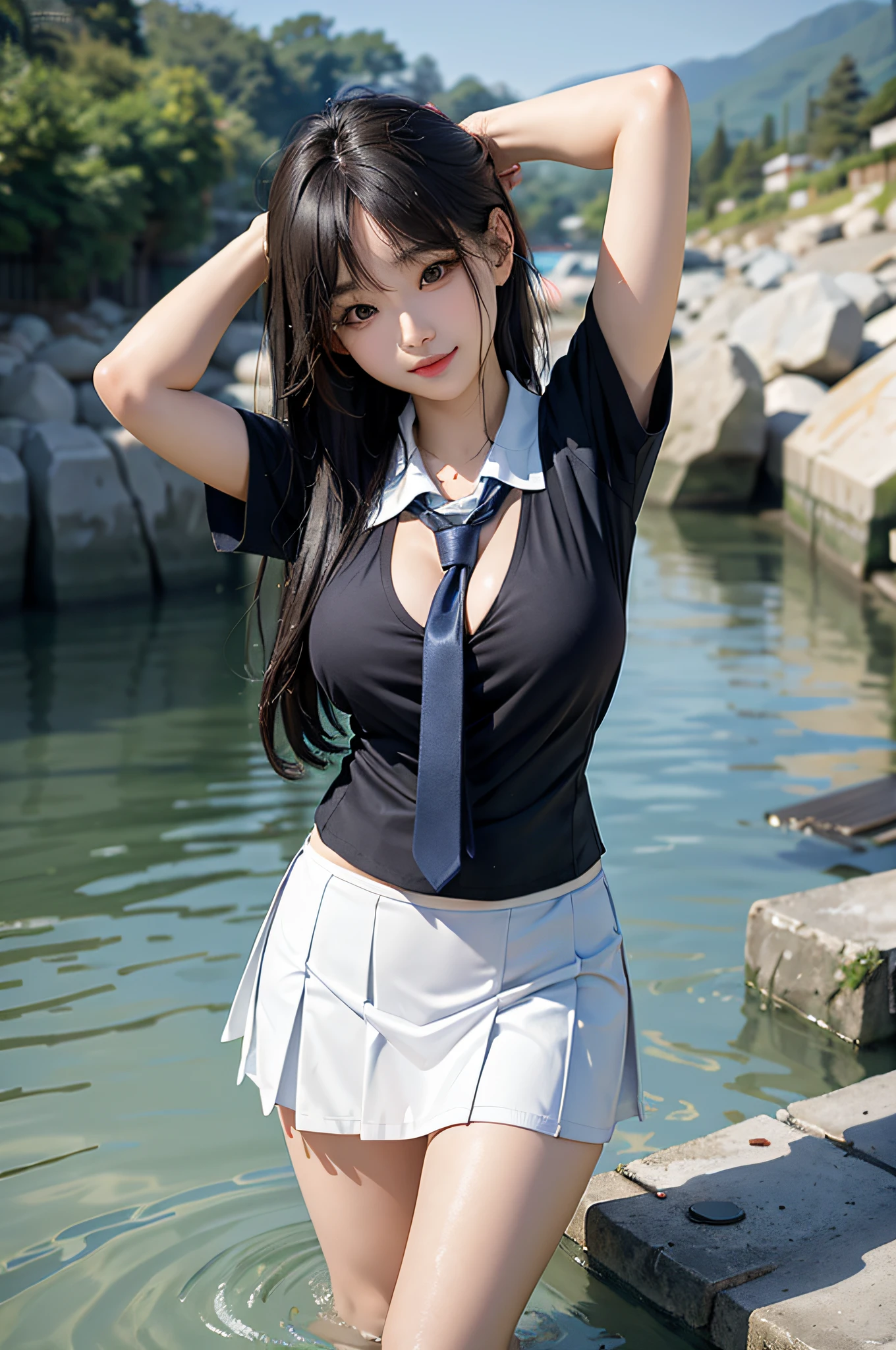 (wide_shot), masterpiece, raw, realistic, high-resolution, (detailed), (photograpy), (photorealistic), amazing, 1girl,  (korean mixed, kpop idol), (cute 20 age old korean girl), large breasts, skirt and tie standing in the water with her arms behind her back and her head tilted, light smile,