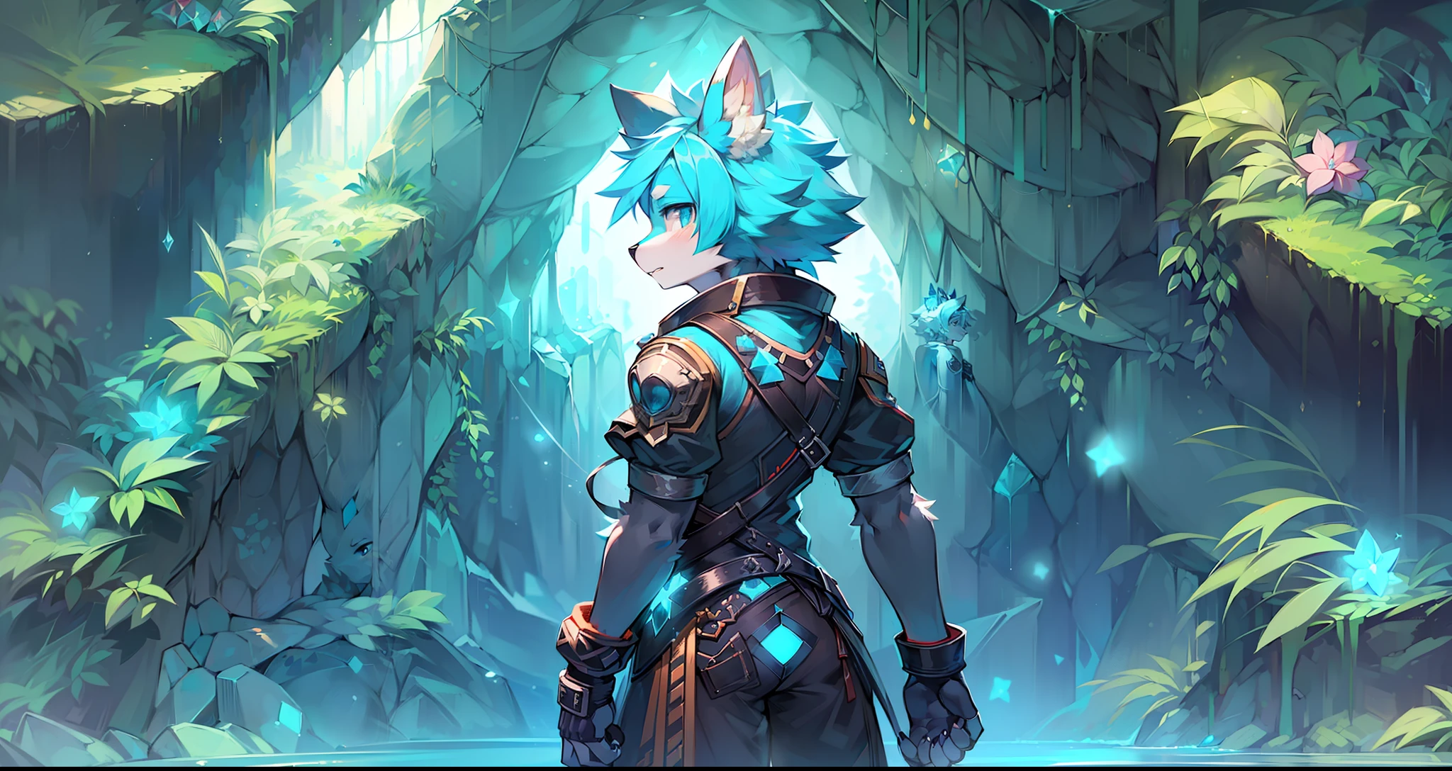 A wolf,((Shota)),(((Wear black fingerless gloves)))(Cyan-haired),((solo person)),Fluffy,((Standing in a cave)),(Illuminated by a magical light),((There are a lot of blue crystals around her)),((Extreme light and shadow)),(((Back shadow))),(((dark)))