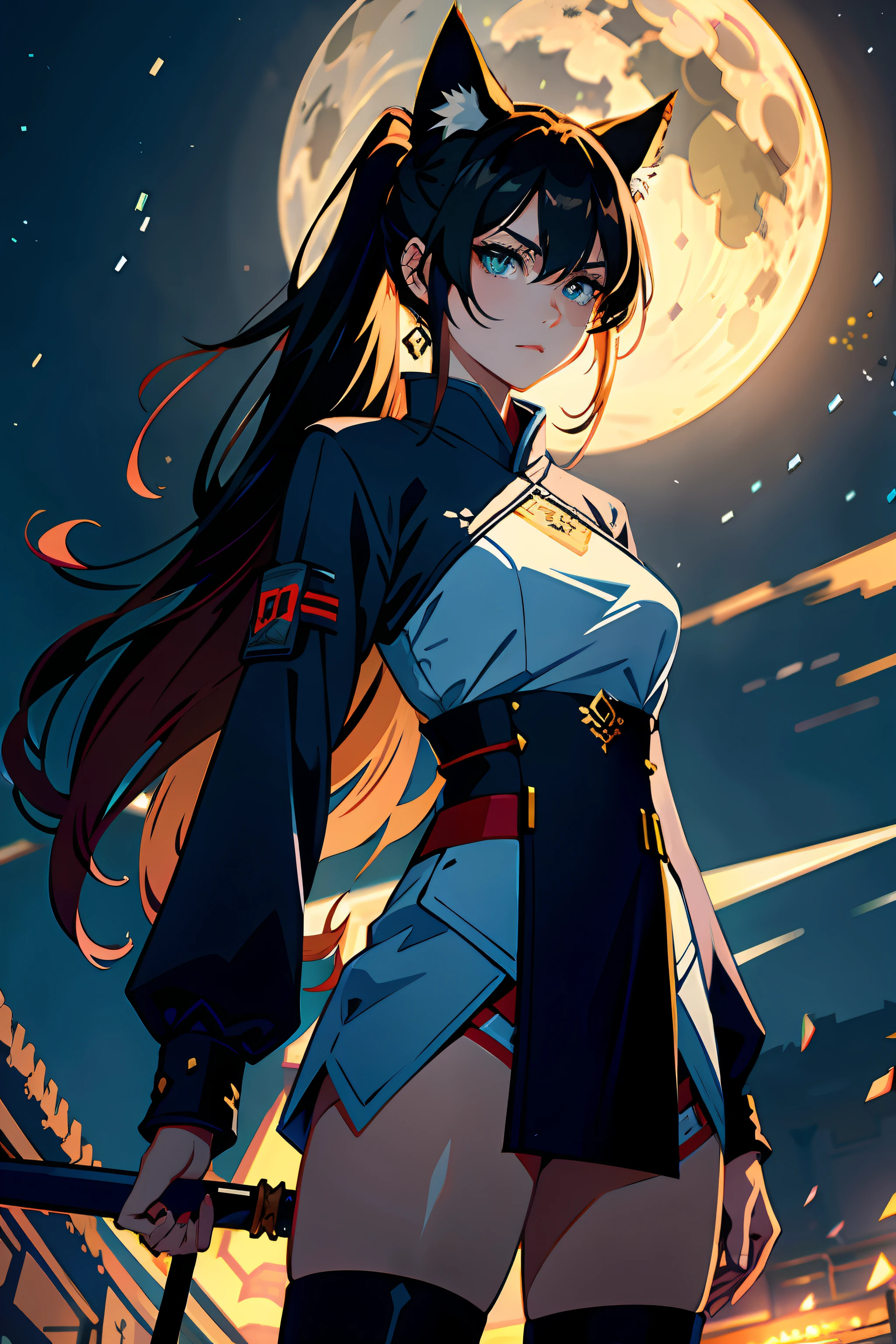 flags, Electronic elements, Two-dimensional game, cyber punk perssonage, fox ear, fox tails, brown hair, Night scene, rays of moonlight, Ancient wind, Hanfu,Ear ring,long eyelasher,solid eyes,Loving pupils,High ponytail,Bigchest,Side Chest,Anime style,Anime wallpaper 4K,beautiful and seductive anime woman,Wear a long sword,woman,standing in front of palace,solid,confront,