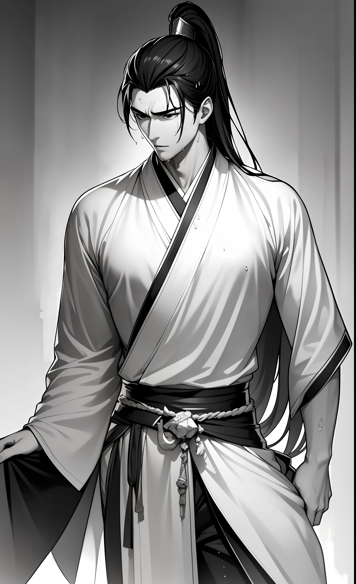 quadratic element,style of anime,mtu(Male Warrior),musculature,The proportions are correct,Face details,swordsmen,High ponytail hairstyle,perspired,Sweat on the face,drools,Neck details,There is an Adam's apple,Get wet,Drenched,Black Hanfu,kaftan,Embroidered robes,Black robe,clothes details,Handing over,longer sleeves,Game quality,Swordsmanship,Light and shadow tracking,Ray traching,detailed glow,cg render,hair detail,cabelos preto e longos,Golden eyes,Sweat on the face,Handsome,Handsome,Beads of sweat slipped down my neck,(juvenile sense),Clothing is complicated,Drenched,Get wet,Perfectcomposition,Refinement,high qulity,higher details,Lots of details,The background is complex,a sense of atmosphere,