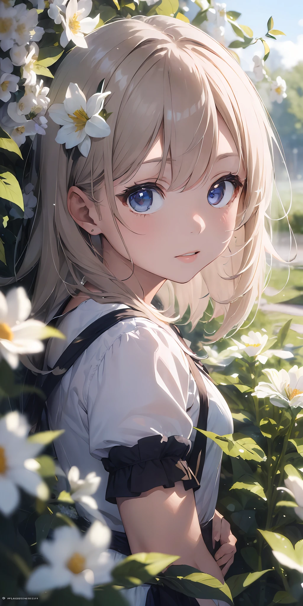 (masterpiece, best quality:1.6), white dress, thighs, beautiful girl, (flowers, many small white petals:1.3), garden, blue sky, looking at viewer, small waist, official art, raw photo, incredibly absurdres, facelight, dynamic lighting, cinematic lighting, ultra realistic, highres, photography, sharp focus, highest detailed, extreme detailed, ultra detailed, finely detail, extremely detailed eyes and face