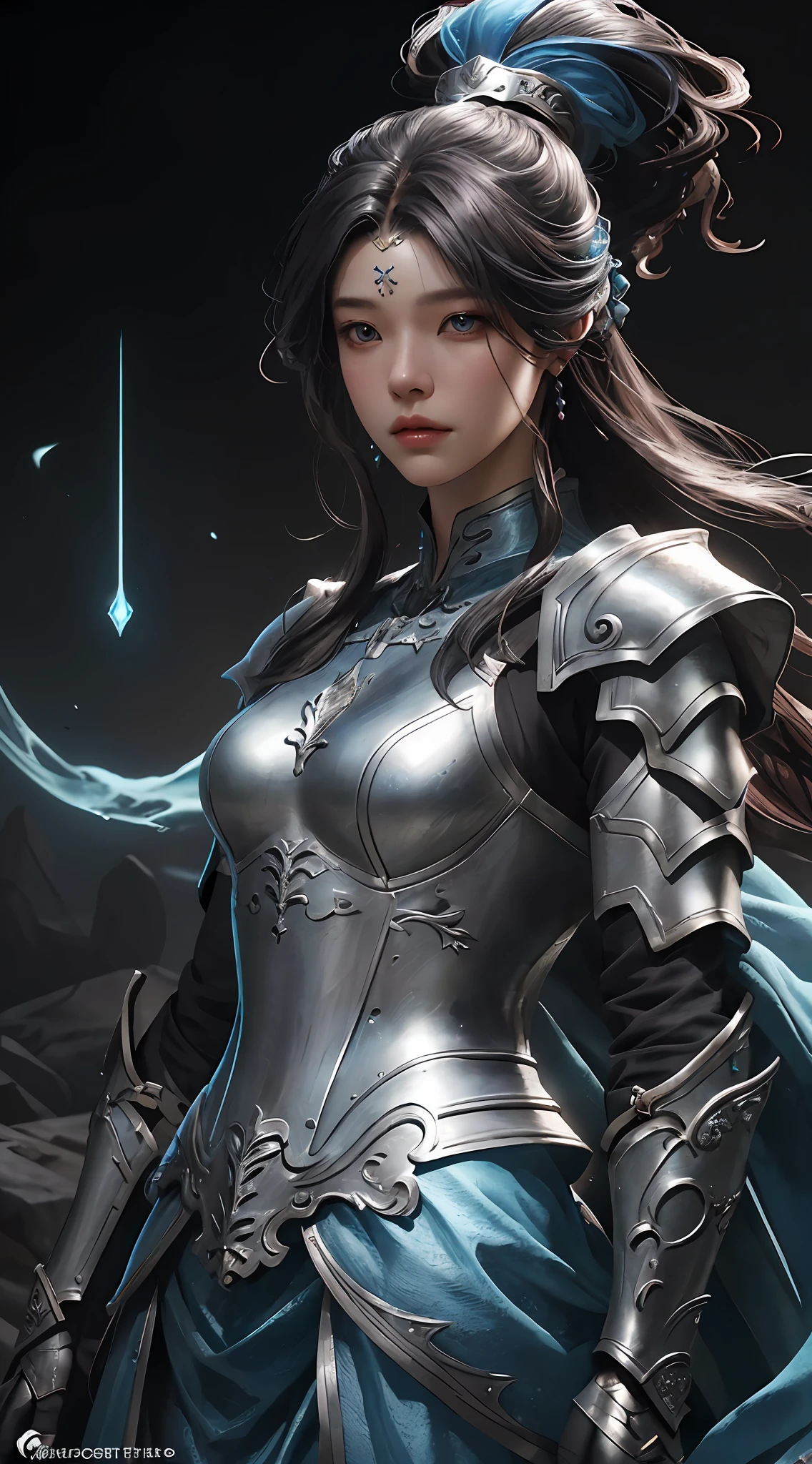 a close up of a woman in a silver and blue dress, chengwei pan on artstation, by Yang J, detailed fantasy art, stunning character art, fanart best artstation, epic exquisite character art, beautiful armor, extremely detailed artgerm, detailed digital anime art, artgerm on artstation pixiv, armor girl